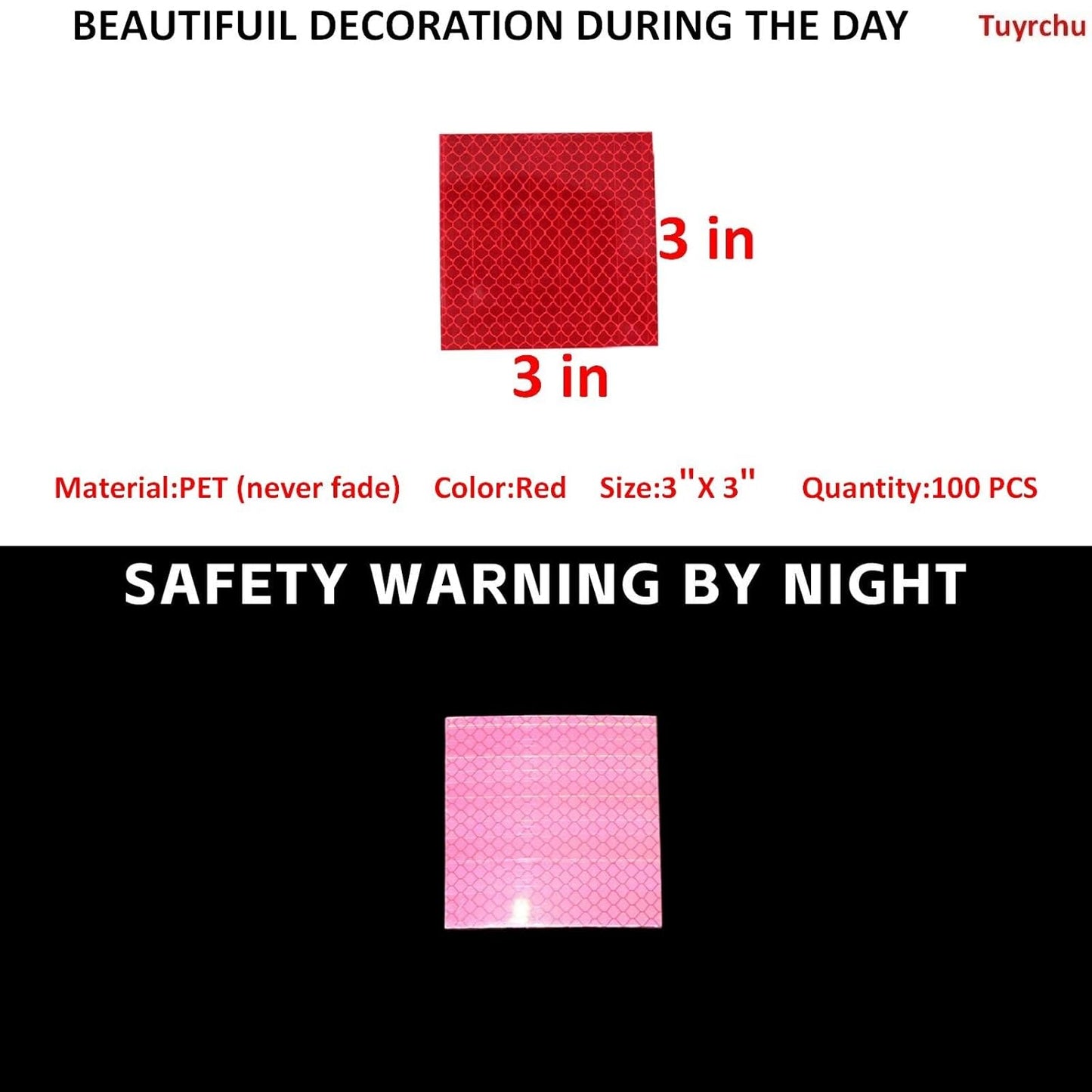 Non Fading Red Reflective Stickers 3 inch X 3 inch, Outdoor Waterproof High Visibility Warning Safety Adhesive Reflector Tape (100 Pcs)