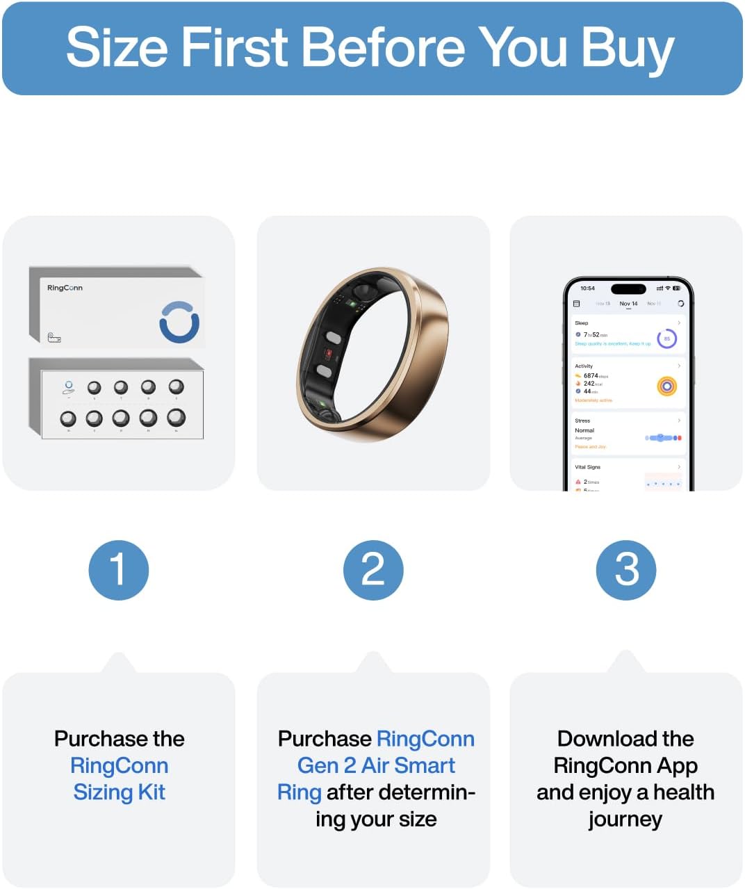 RingConn Gen 2 Air, Ultra-Thin AI Smart Ring, 10-Day Battery Life, Fitness/Sleep/Stress/HR Tracker for Women&Men, No App Fee for Standard Features, iOS & Android Compatible (Size 10, Dune Gold)