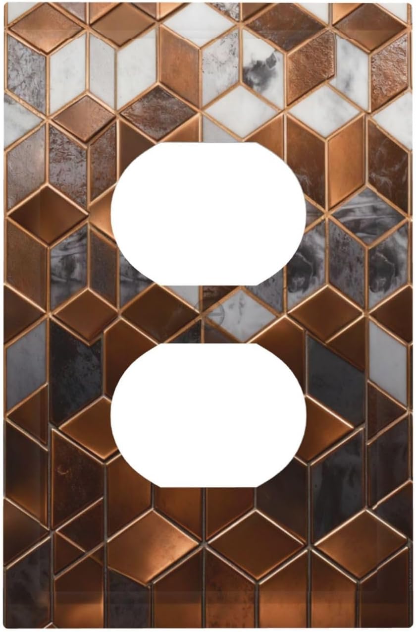 Brown Abstract Luxury Modern Geometric Cubic Marble Duplex Outlet Decorative Light Switch Covers Electrical Faceplate Switch Plates for Bathroom Kitchen Home