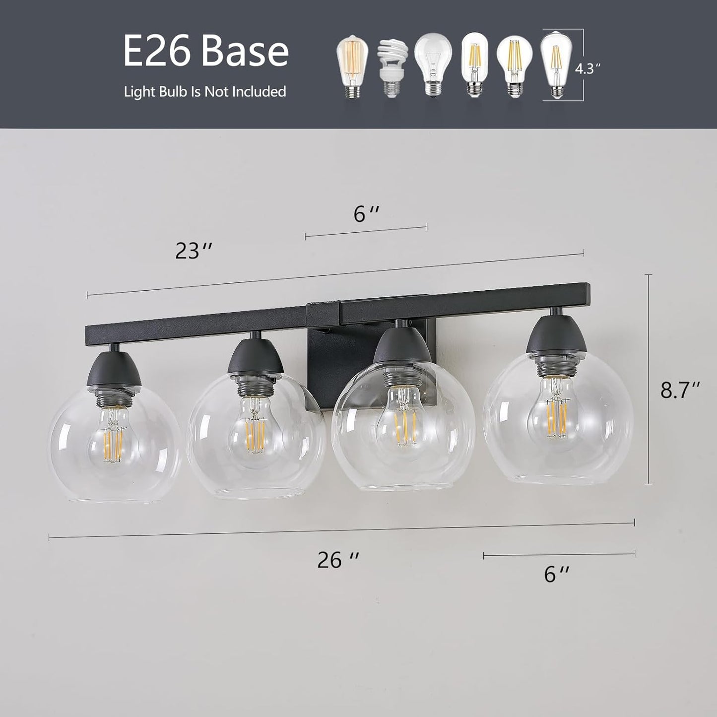 4-Light Bathroom Vanity Light, Matte Black Wall Sconce with Hand-Crafted Thick Glass Shades, High Transparency & Few Flaws, Perfect for Mirror, Bedroom, Hallway