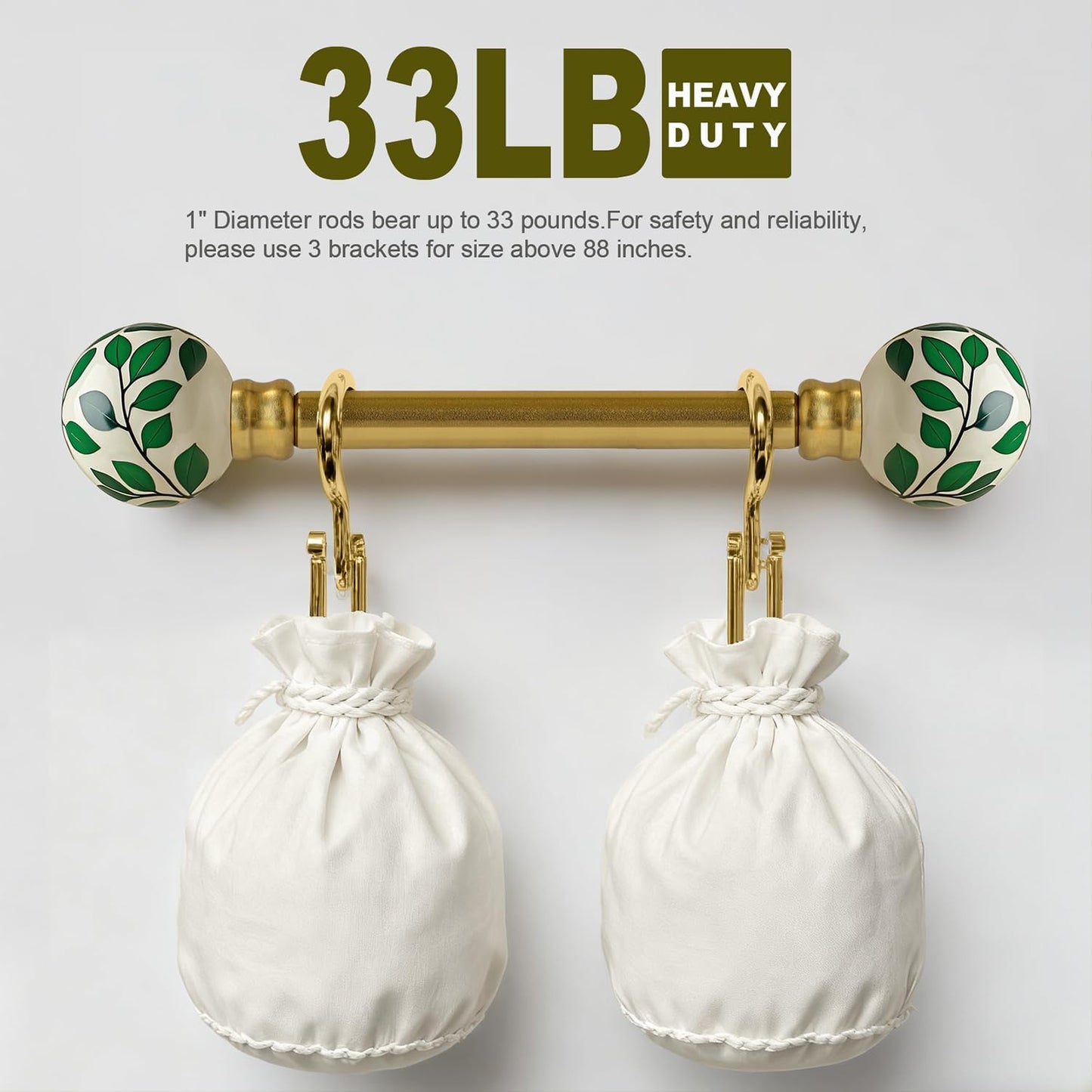 Ceramic Gold Curtain Rods Set of 2 for Windows 72 to 144 Inches Adjustable Length Duty 1" Diameter Window Curtain Rod with Modern Green Leaf Pattern Decorative Finials for Bedroom Living Room Kitchen