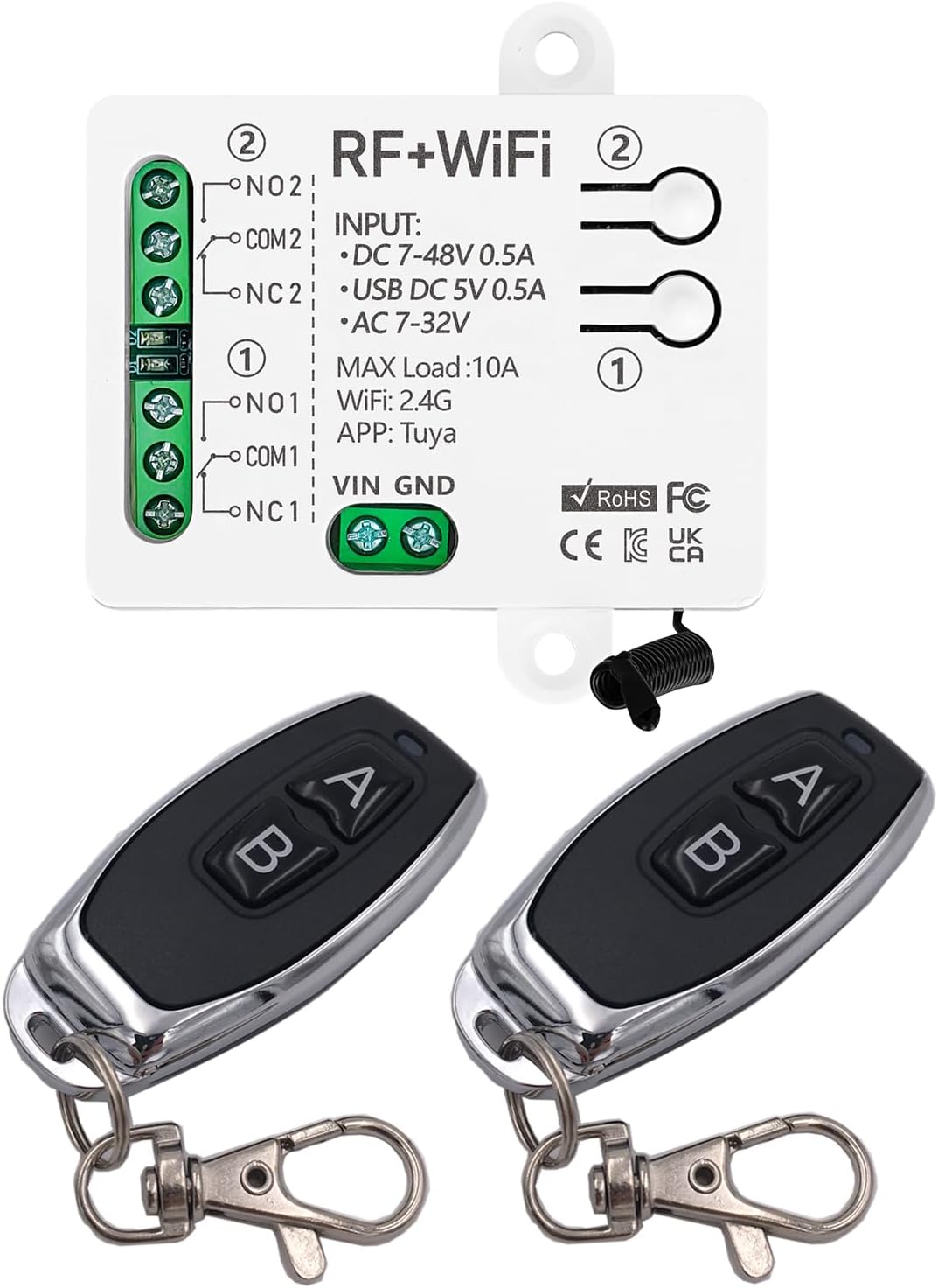 DieseRC Tuya 2 Channels WiFi Smart Switch, DC 5V 12V 24V 36V Passive Output Relay Module, with 2 pcs RF Remote Control, Compatible with Alexa/Google Home