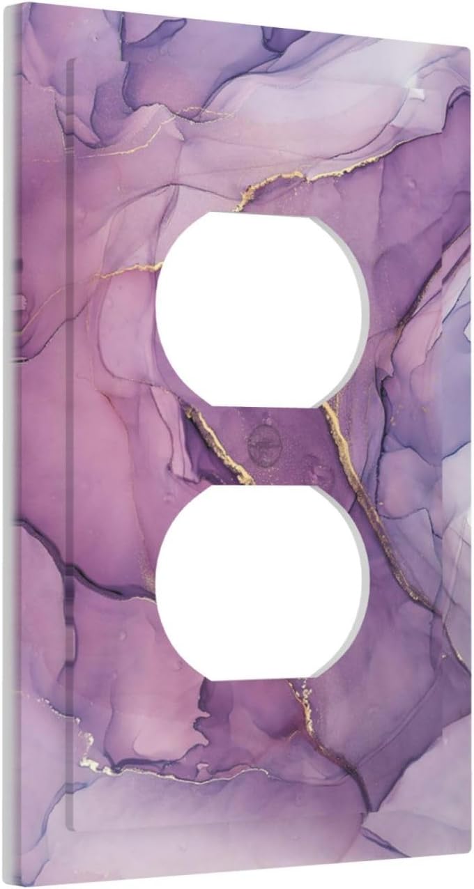 Outlet Covers Purple Marbling Golden Line 1 Gang Duplex Wall Plate Decorative Switch Plates Electrical Receptacle Faceplate Light Switch Cover for living Room Bathroom Decor