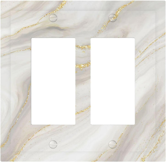 White Grey Gold Marble Simple Tiles Decorative Outlet Covers 2 Gang Double GFCI Rocker Electrical Wall Panels Light Switch Cover Plate for Bathroom Kitchen Decor