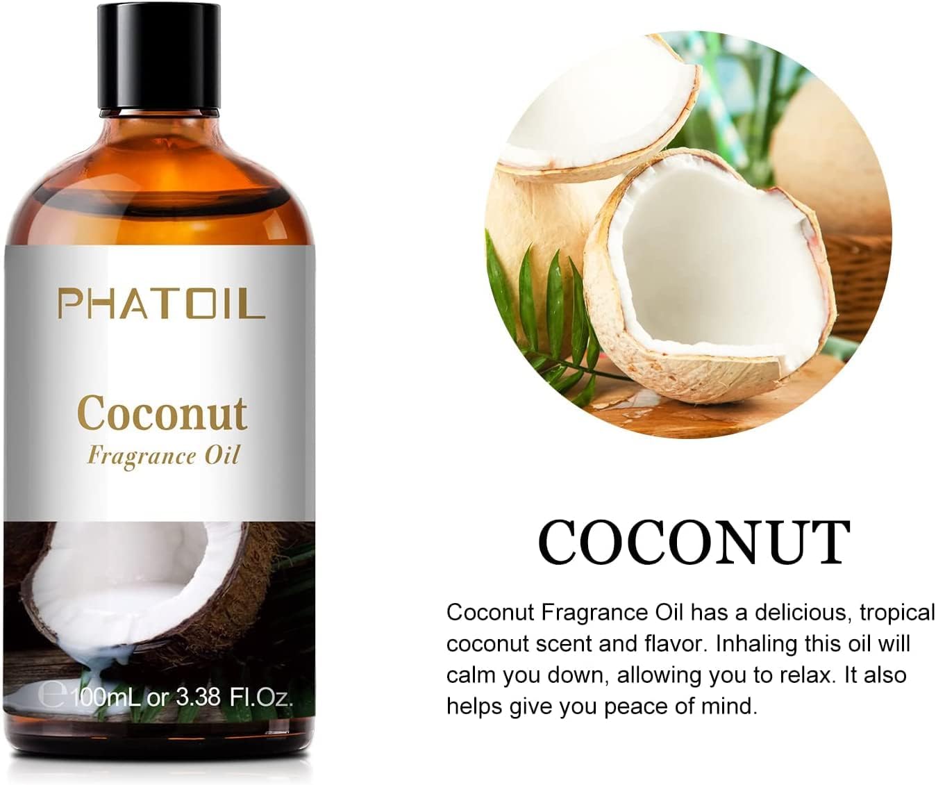 PHATOIL 3.38FL.OZ Coconut Fragrance Oils for Aromatherapy, Essential Oils for Diffusers for Home, Perfect for Diffuser, Yoga, Skin Care, DIY Candle and Soap Making - 100ml