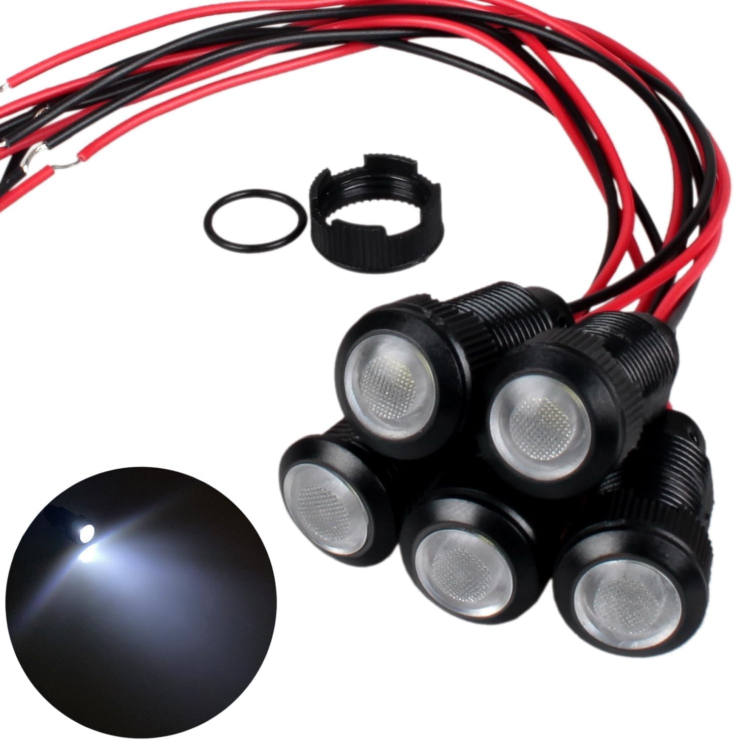 5pcs 12mm LED Indicator Light Plastic Black Signal Dot Lamp 110-220VAC 1/2 inches Mounting Hole Size with 15cm/5.9in. Wire (White LED)