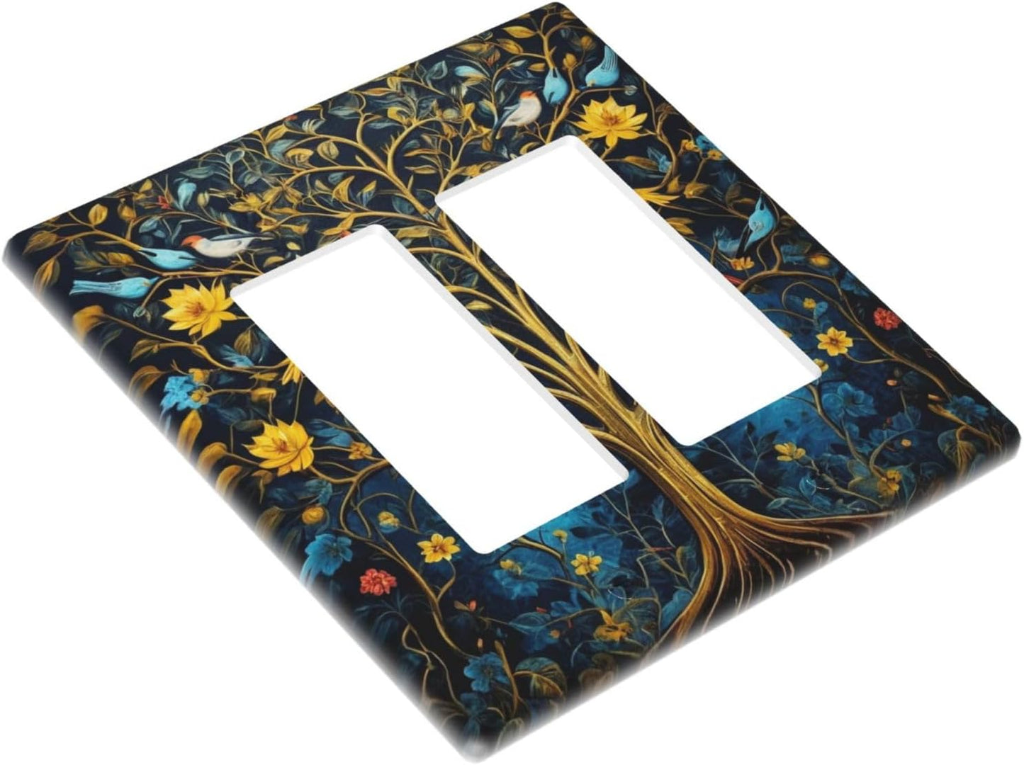 Gold Tree With Birds Flowers on Branches Dual Outlet Covers Wall Plate 2 Gang Rocker Decora Decorative Switchplate Electrical Faceplate GFCI Light Switch Covers for Farmhouse Living Decor