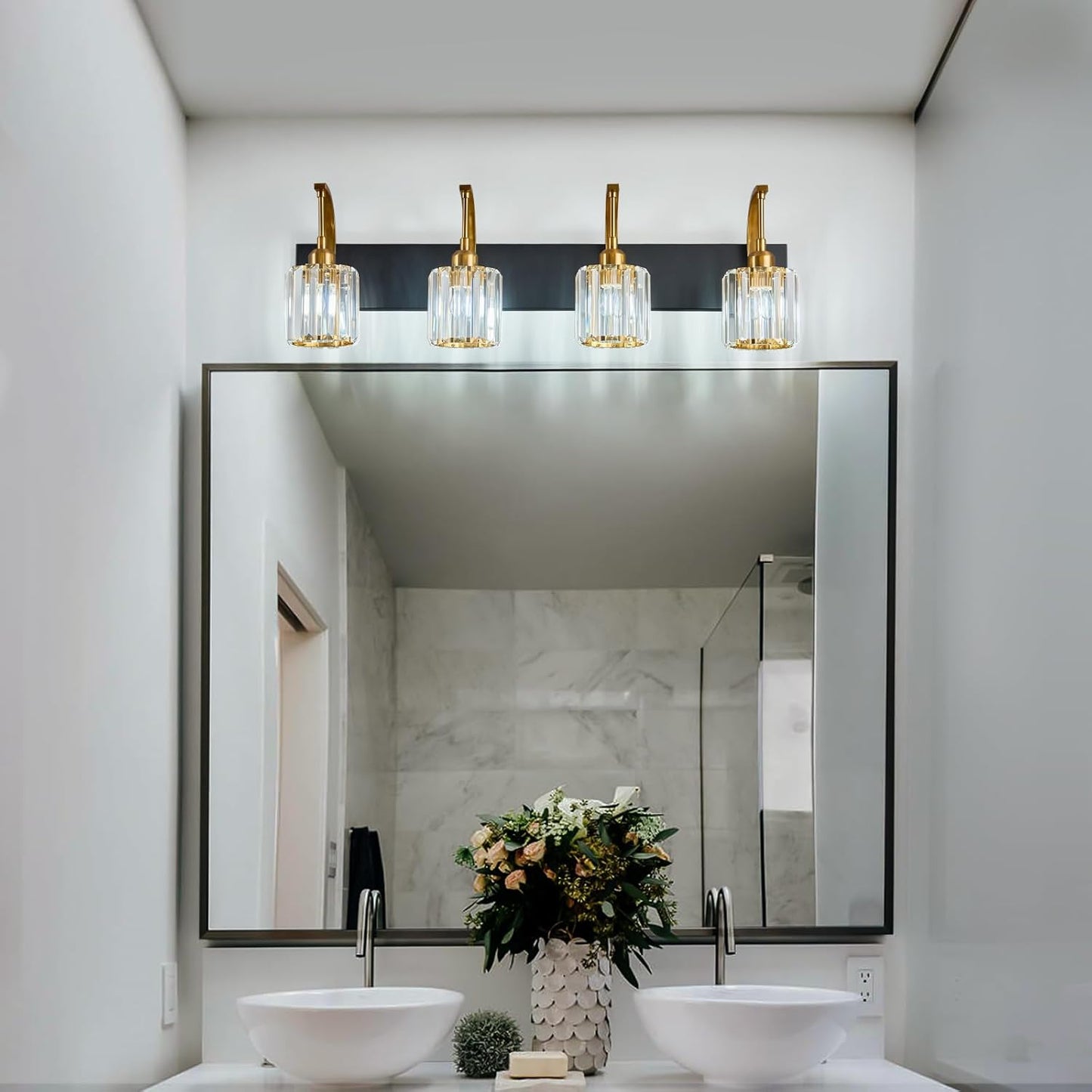 4-Light Crystal Vanity Light, Modern Black Gold Bathroom Wall Sconce with K9 Crystal Shades, 32.67" Long Over Mirror Lighting for Vanity, Makeup, Hallway, Elegant & Easy Install