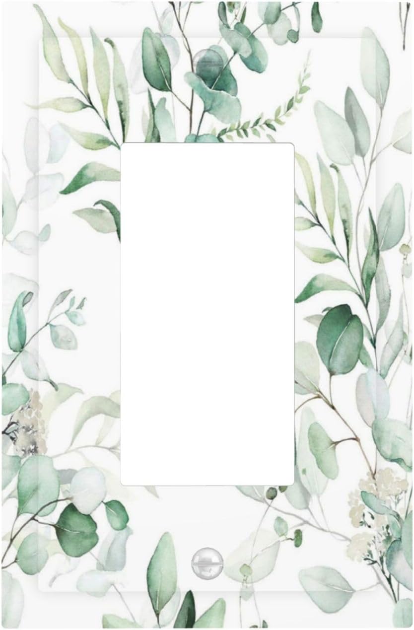 Boho Green Eucalyptus Leaf Floral Plants Flowers Decorative Outlet Covers 1 Gang Single Rocker Light Switch Cover Plate Wall Plates GFCI Faceplate for Bed Room Living Room Decor