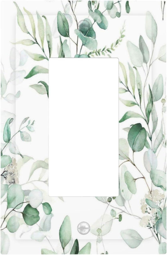 Boho Green Eucalyptus Leaf Floral Plants Flowers Decorative Outlet Covers 1 Gang Single Rocker Light Switch Cover Plate Wall Plates GFCI Faceplate for Bed Room Living Room Decor