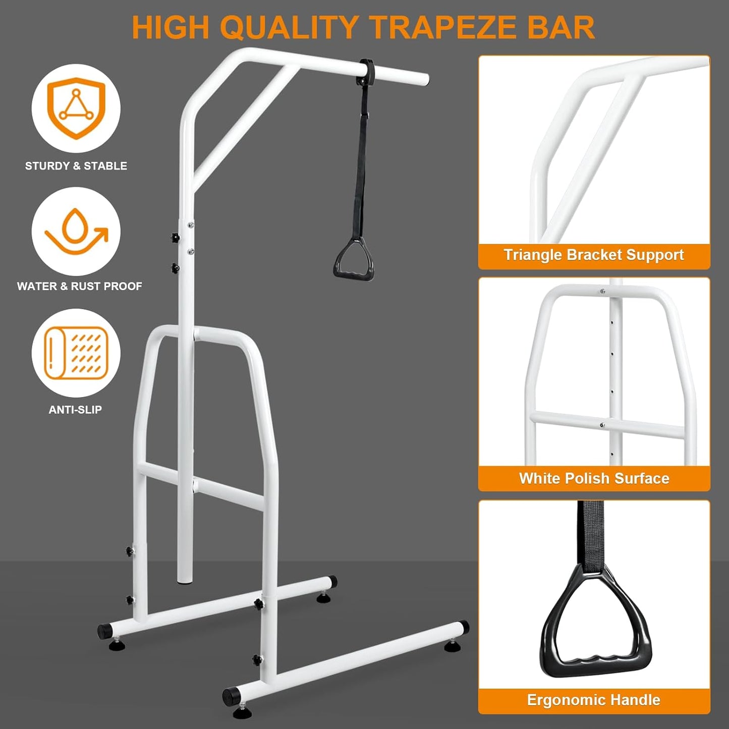 Trapeze Bar for Bed Mobility, Heavy Duty Pull Up Assist Bar with Floor Stand, 5Ft-7Ft Height Adjustable Trapeze Bar, Medical Patient Mover for Care Facilities, White