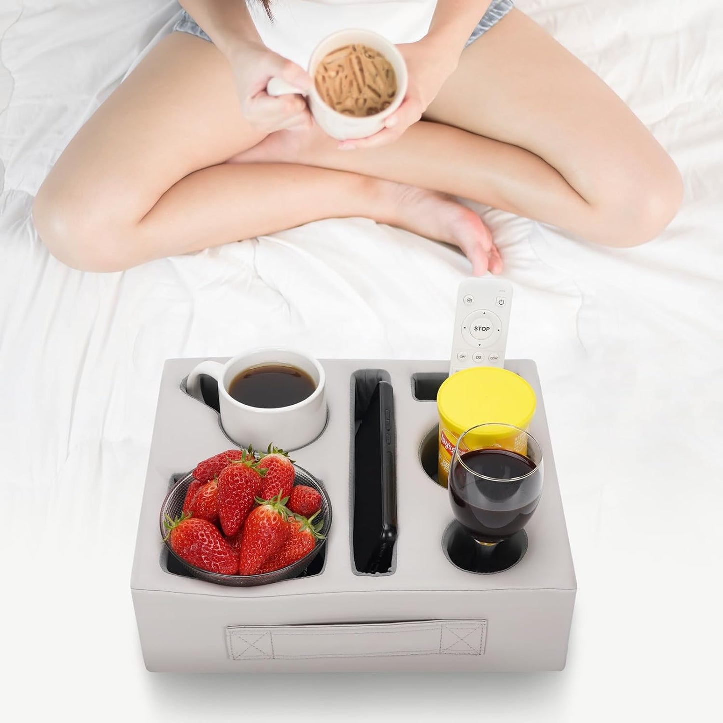 G GOOD GAIN Couch Cup Holder Pillow-Sofa Cup Holder Cozy Buddy | Bed Drink Caddy Holds Tablet, Remote, Snacks | Waterproof Anti-Spill Sofa Beverage Tray for Car, Beach, Picnic, Boat, RV(Light PUGrey)