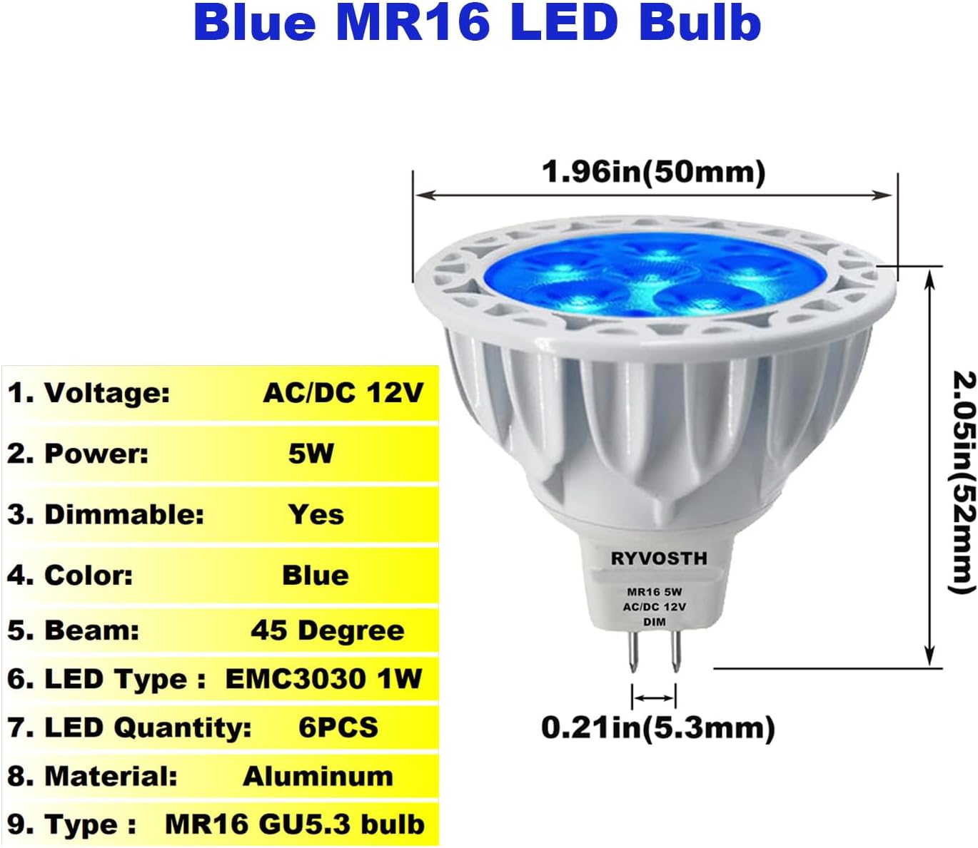 6-Pack MR16 Blue Led Bulbs 5W Replace 35W 50W Halogen Equivalent,12V Low Voltage MR16 GU5.3 Blue Color Bulb Spotlights for Outdoor Landscape Flood Track Lighting, Dimmable,