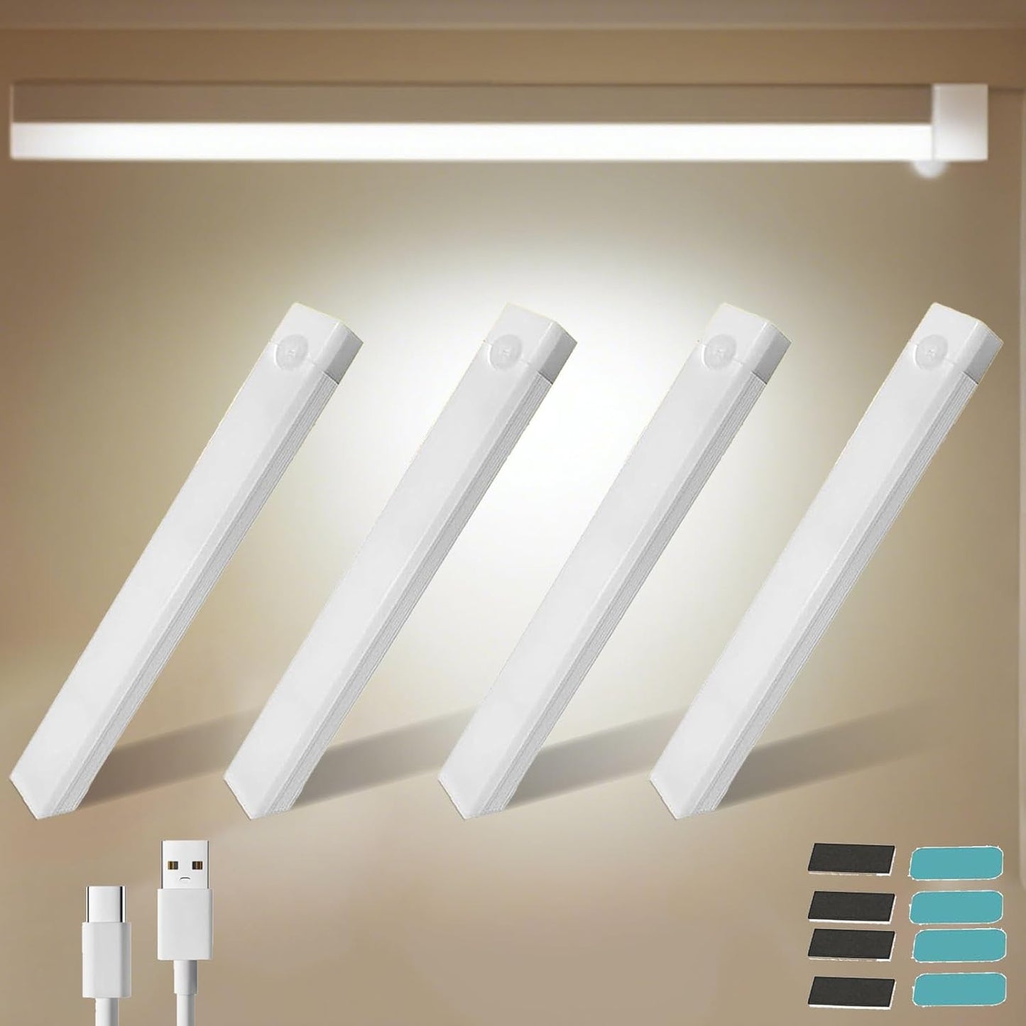 4 PCS Punch-Free Smart Sensor Magnetic Rechargeable Led Lights, Motion Sensor Light Indoor, USB C Rechargeable Closet Under Counter Lighting for Kitchen,Cupboard,Wardrobe (7.8in White Light)