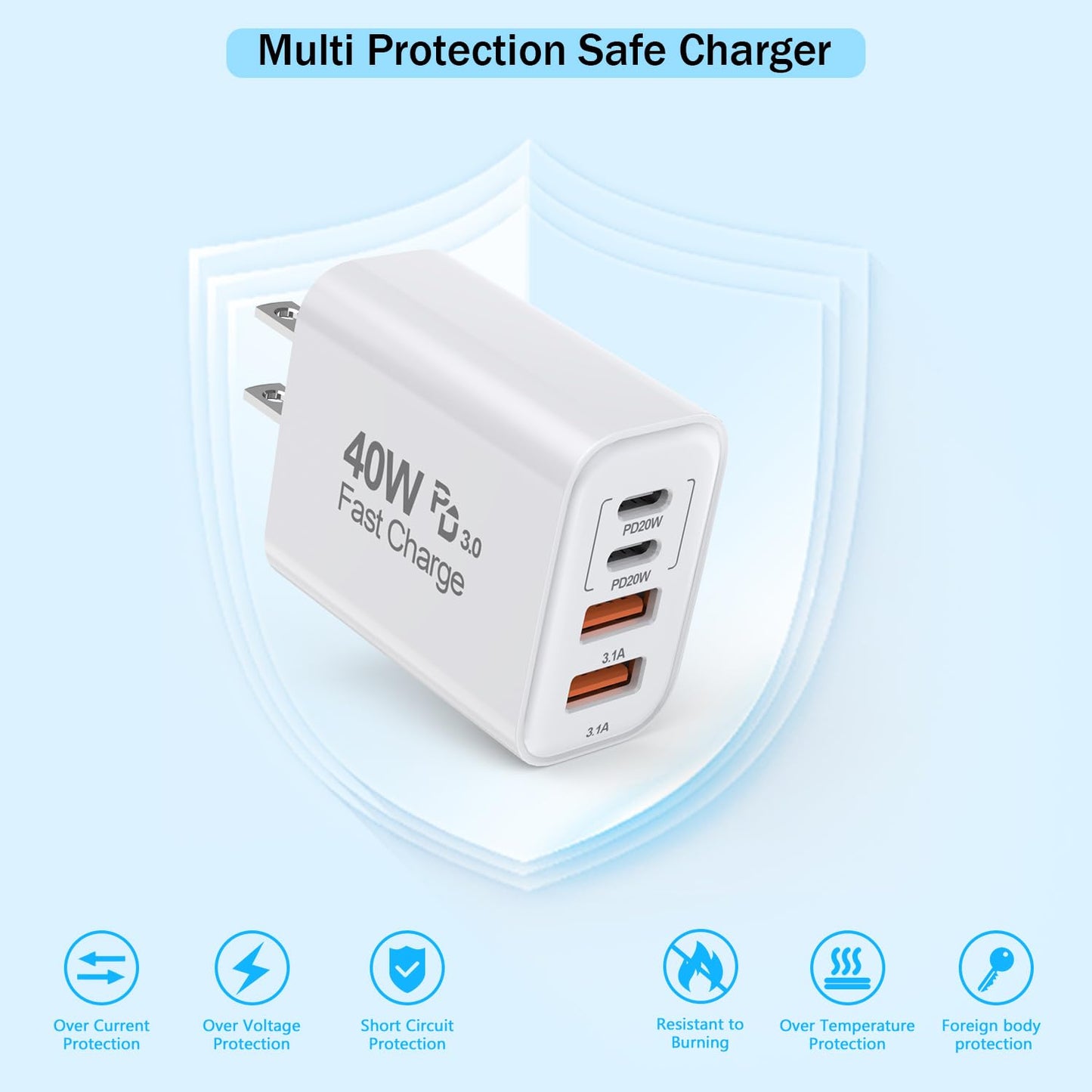 USB C Charger Block, 2Pack 40W 4-Port USB C iPhone Charger Fast Charging Plug Dual Port PD Power Adapter + QC Double Block Multi-port Brick Type C Box Plug for iPhone 16/15/14/13/12/11/Pro Max/XS,iPad