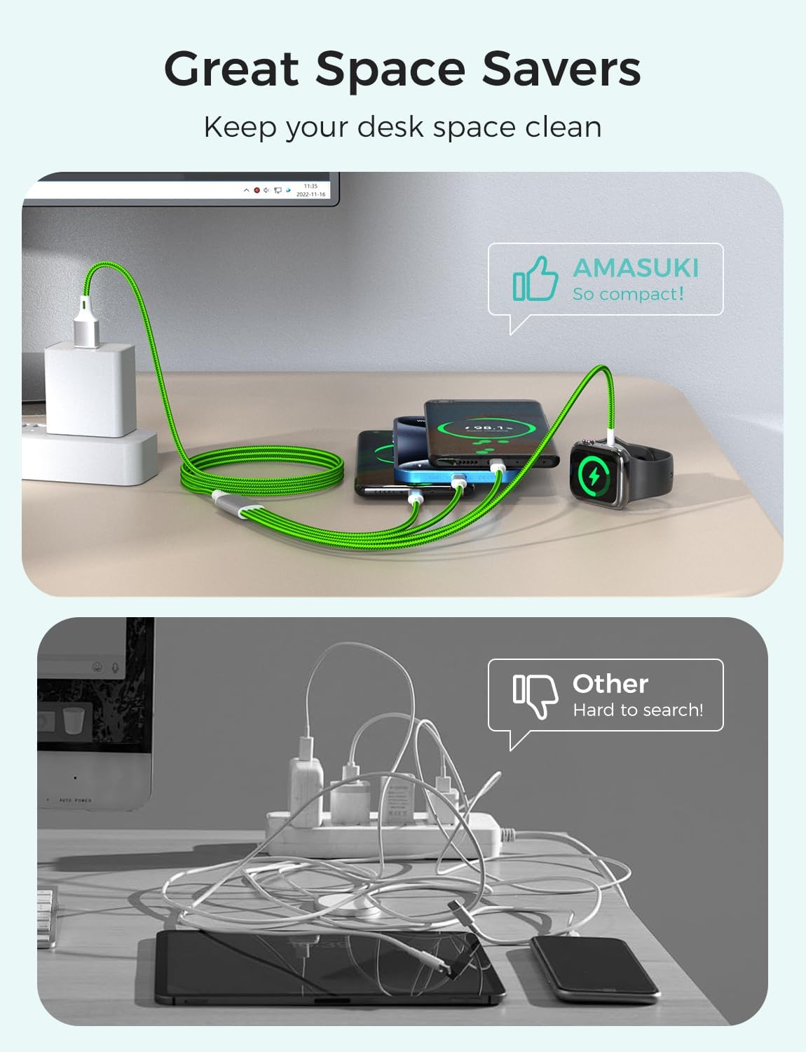 2Pack Multi Charging Cable for Apple Watch Charger 4 in 1 Travel Essentials RV Camping Essentials USB C/L/Micro Compatible with iWatch Series 11-1/iPhone 17/16/15/Android Airplane Gadgets-4FT/Green