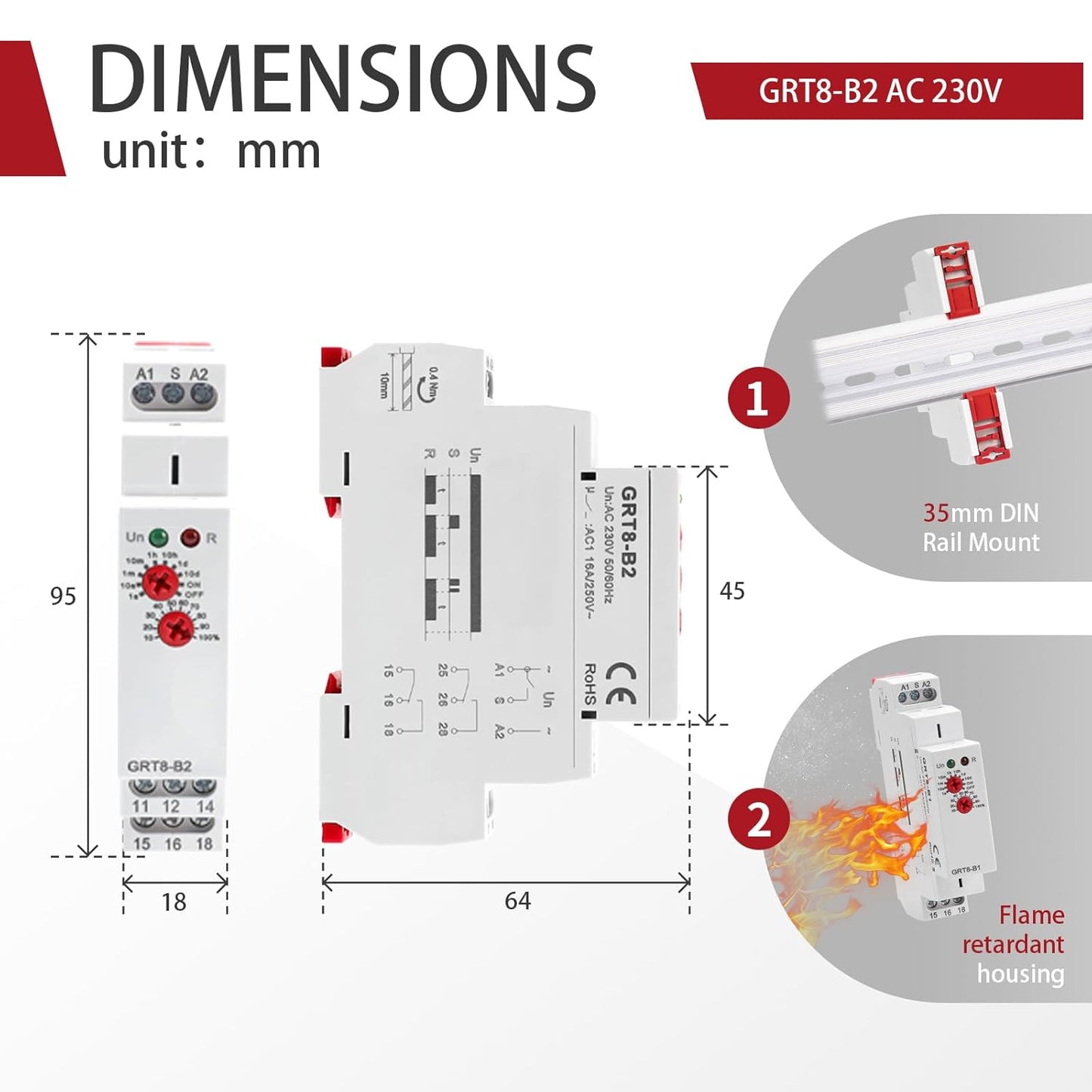 Delay Turn Off Time Relay 16A Delay Timer Relay 2SPDT GRT8 B2 DIN Rail Electronic Relays of Wide Time Delay Range for 0.1 Seconds to 10 Days Voltage Range AC 230V