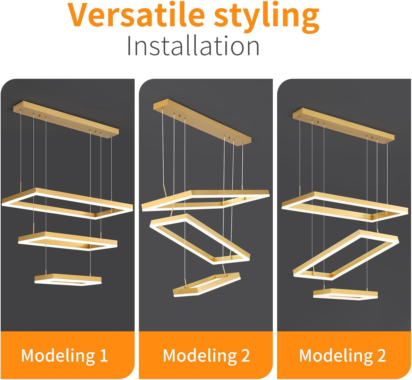 Modern Chandeliers for Living Dining Room, 3-Ring Rectangular LED Chandelier Light Fixture with Remote Control Dimming, Hanging Pendant Light with Adjustable Height, Gold