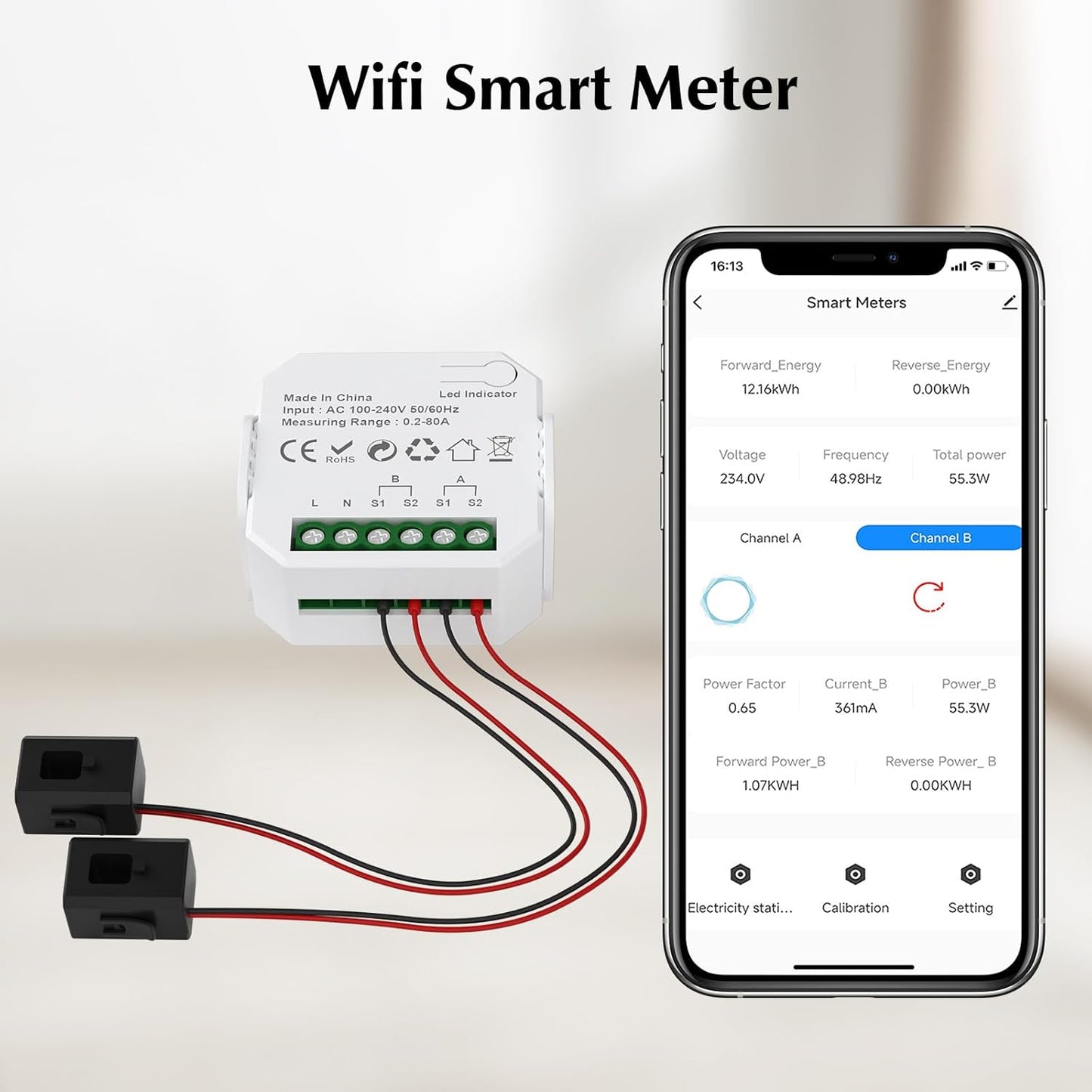 eMylo 2 Channel WiFi Power Meter 80A+80A Smart Power Monitor,Clamp Ammeter Power Monitor,2.4GHz WiFi,Real Time Monitoring,Smart Life/TUYA APP, Compatible with Alexa and Google Assistant
