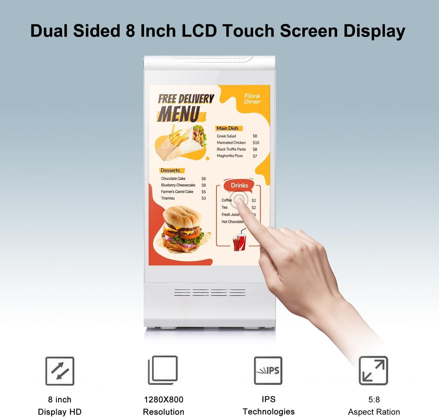 Digital Signage Display for Tabletop ,Interactive Digital Signage with Double 8 inch LCD Touch Screen and WIFI Connected,Rechargeable 23200mAh Battery,Portable Advertising Kiosk for Restaurants,Bar, Hotel ,Cafe (White)