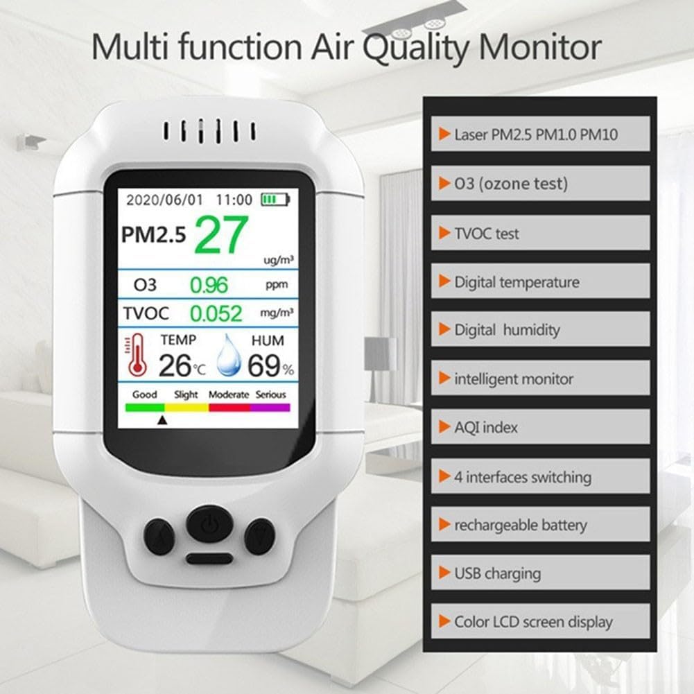 FABULETTA Portable Multifunctional Detector with PM2.5 TVOC Temperature and Humidity Sensors 2.8 Inch LCD USB Rechargeable 1200mAh Battery for Indoor Air Quality Monitoring