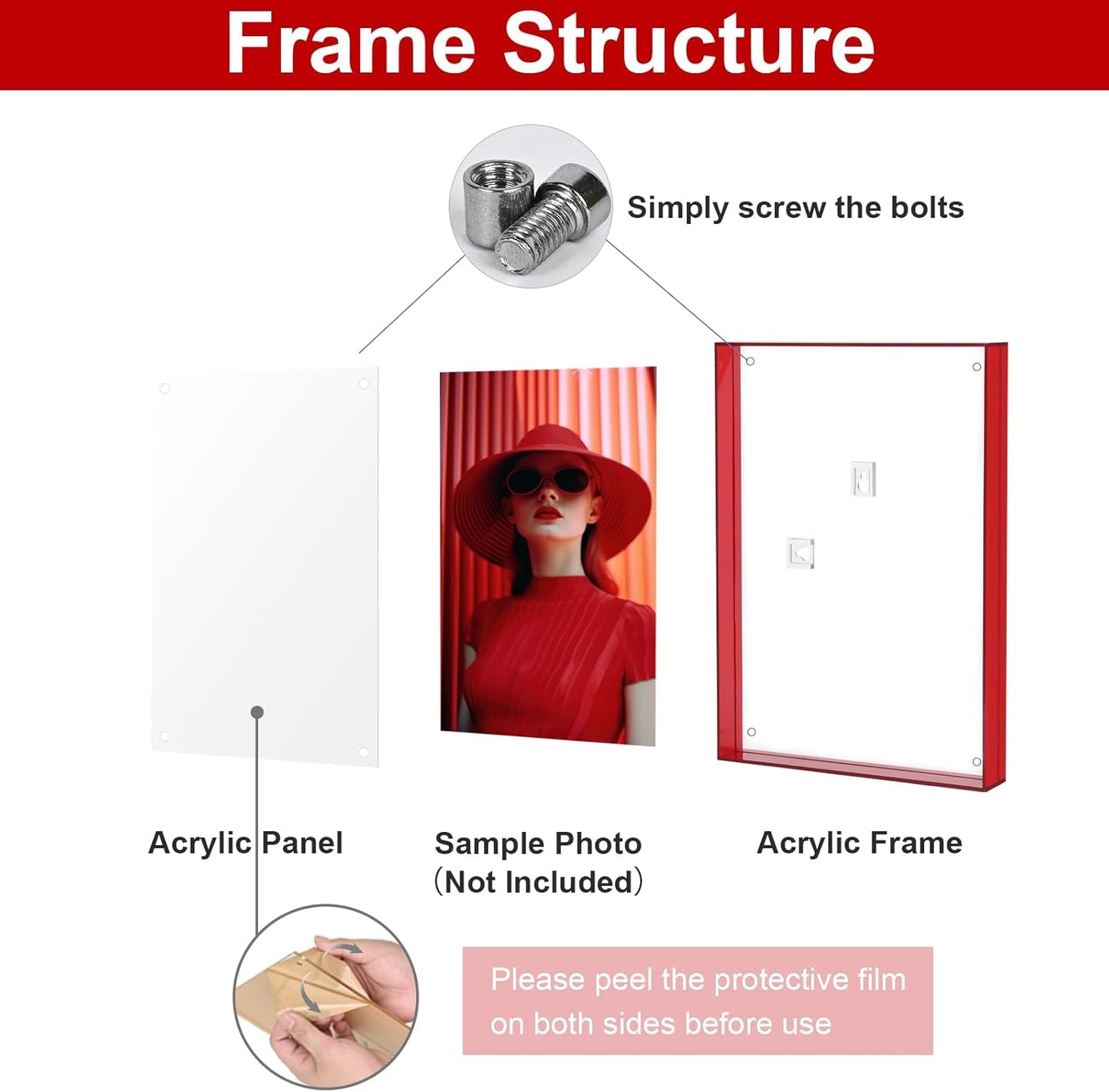 8x10 Picture Frame, Stunning Color Acrylic Photo Frames, Wall & Tabletop Display Frames, Modern Floating Style for Home Office Decoration, Red (1 Pack)