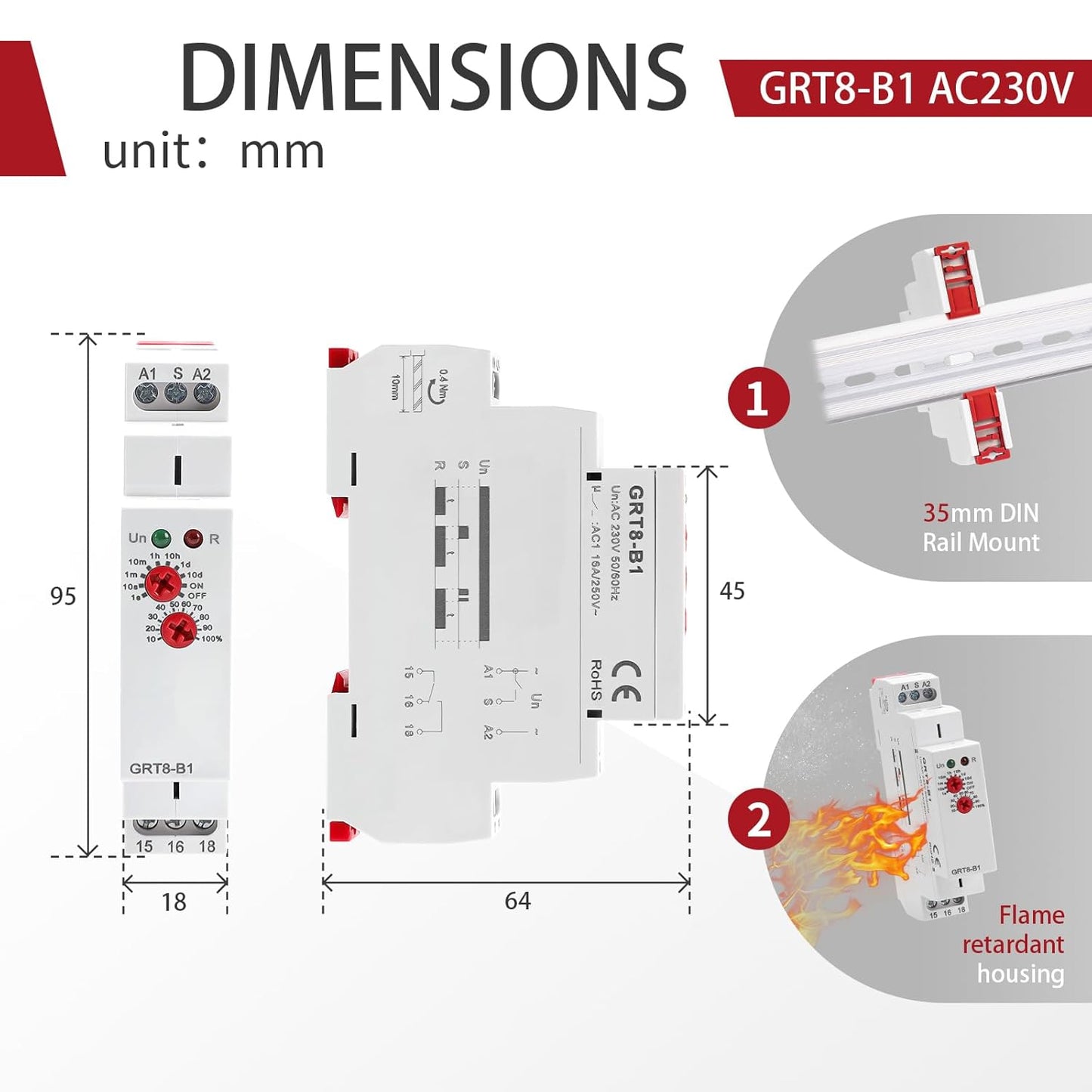 Time Relay Delay Turn Off 16A Adjustable Smart Relay Electronic Timer GRT8-B1in Din Rail, 0.1s-10 Days Wide Range Delay Factory Automation Time Universal Voltage GRT8-B1 AC 230V