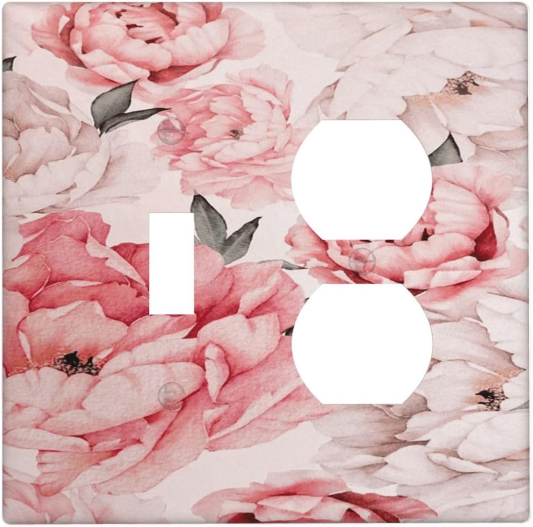 Decorative Outlet Covers Ink Pink Peony Flower Rustic Floral 2 Gang Wall Plate Single Toggle Duplex Light Switch Cover Switch Plate Covers Faceplate for Home Bedroom Decor