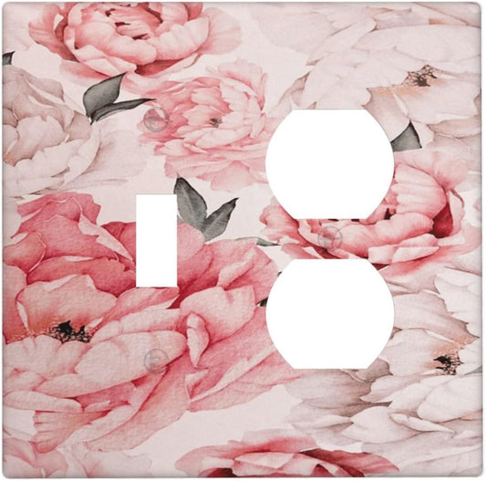 Decorative Outlet Covers Ink Pink Peony Flower Rustic Floral 2 Gang Wall Plate Single Toggle Duplex Light Switch Cover Switch Plate Covers Faceplate for Home Bedroom Decor