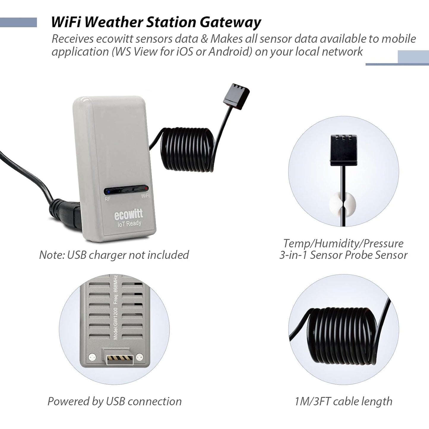 ECOWITT Soil Moisture Tester Kit, Includes GW1200 IoT Gateway and WH51L Soil Moisture Sensor with 1m/3.28ft Long Wire Sensor Probe, 915 MHz