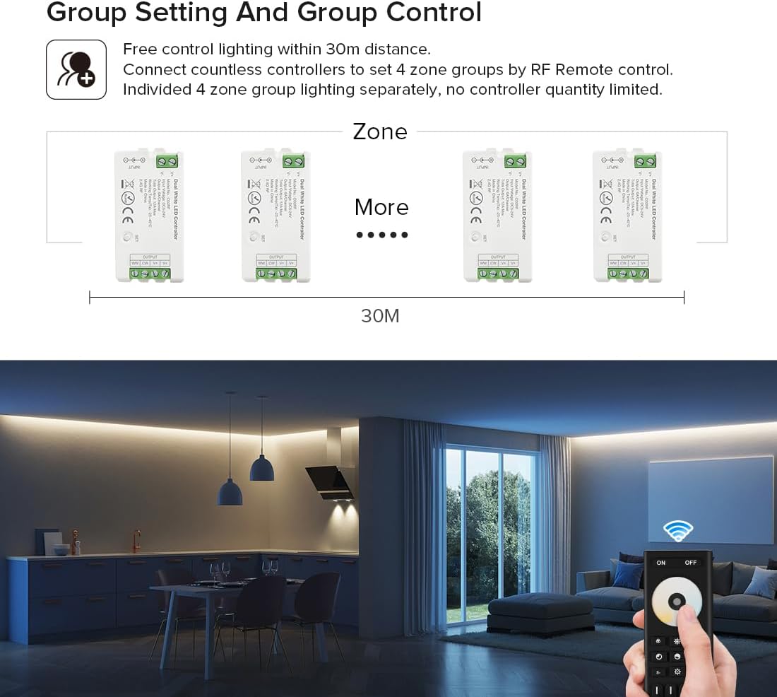 BTF-LIGHTING RF 2.4GHz Wireless Remote RC02RFB & C02RF Tuya Controller Kit 4 Zones Group Control 5050SMD FCOB COB SMD PWM CCT(+ CW WW) 3pin Dual White LED Strip DC5V DC12V DC24V