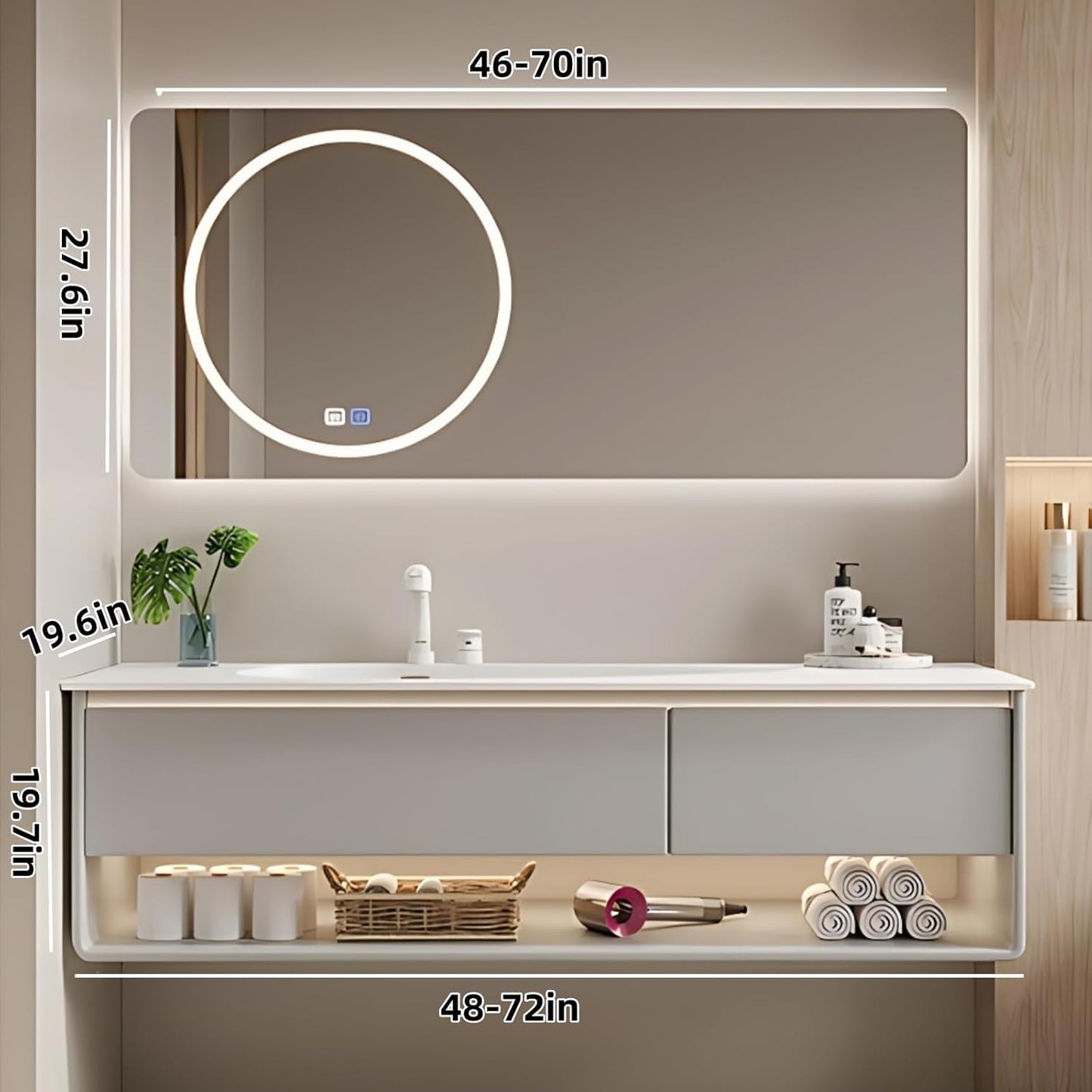 52IN Grey Bathroom Vanity Set - Floating Bathroom Vanity with Single Sink | Including LED Smart Defogging Mirror Cabinet & Time Display Function, Equipped with Motion Sensing Light Strip (Style B)