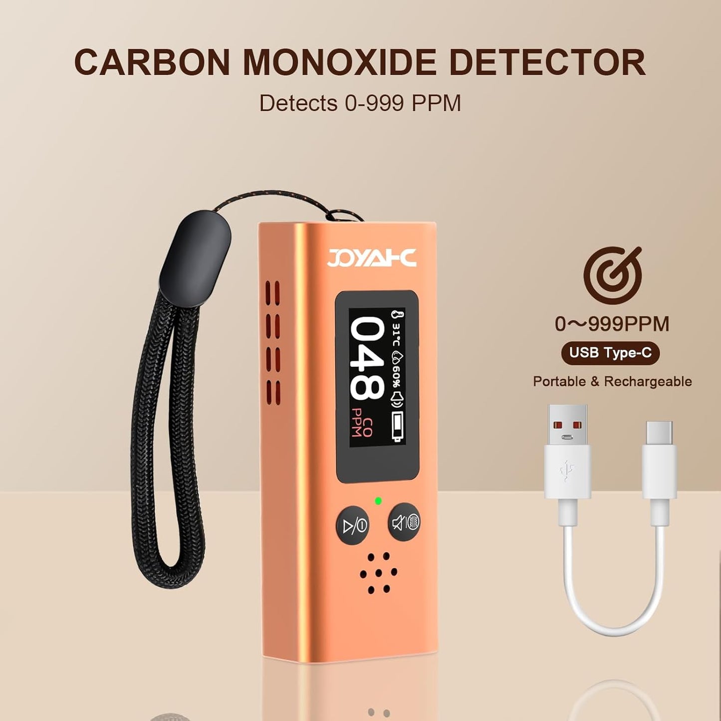 Portable Carbon Monoxide Detector for Travel, 3-in-1 CO Detector with Temperature & Humidity Sensor, Dual Audible & Visual Alarm Camping, RV and Hotel for Safety