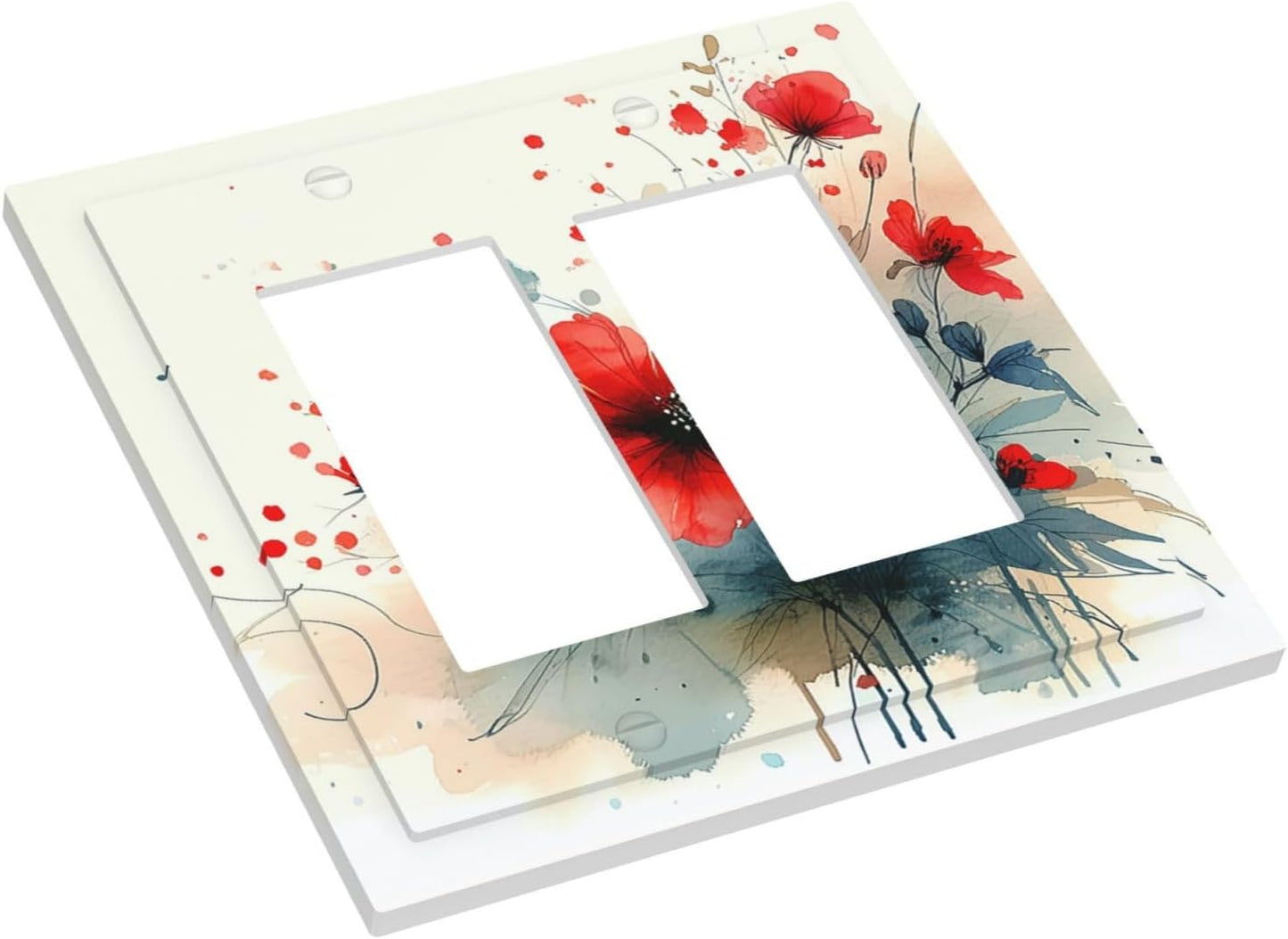 Vintage Floral Red Watercolor Modern Decorative Outlet Covers 2 Gang Double GFCI Rocker Light Switch Cover Plate Electrical Wall Panels for Bedroom Bathroom Decor