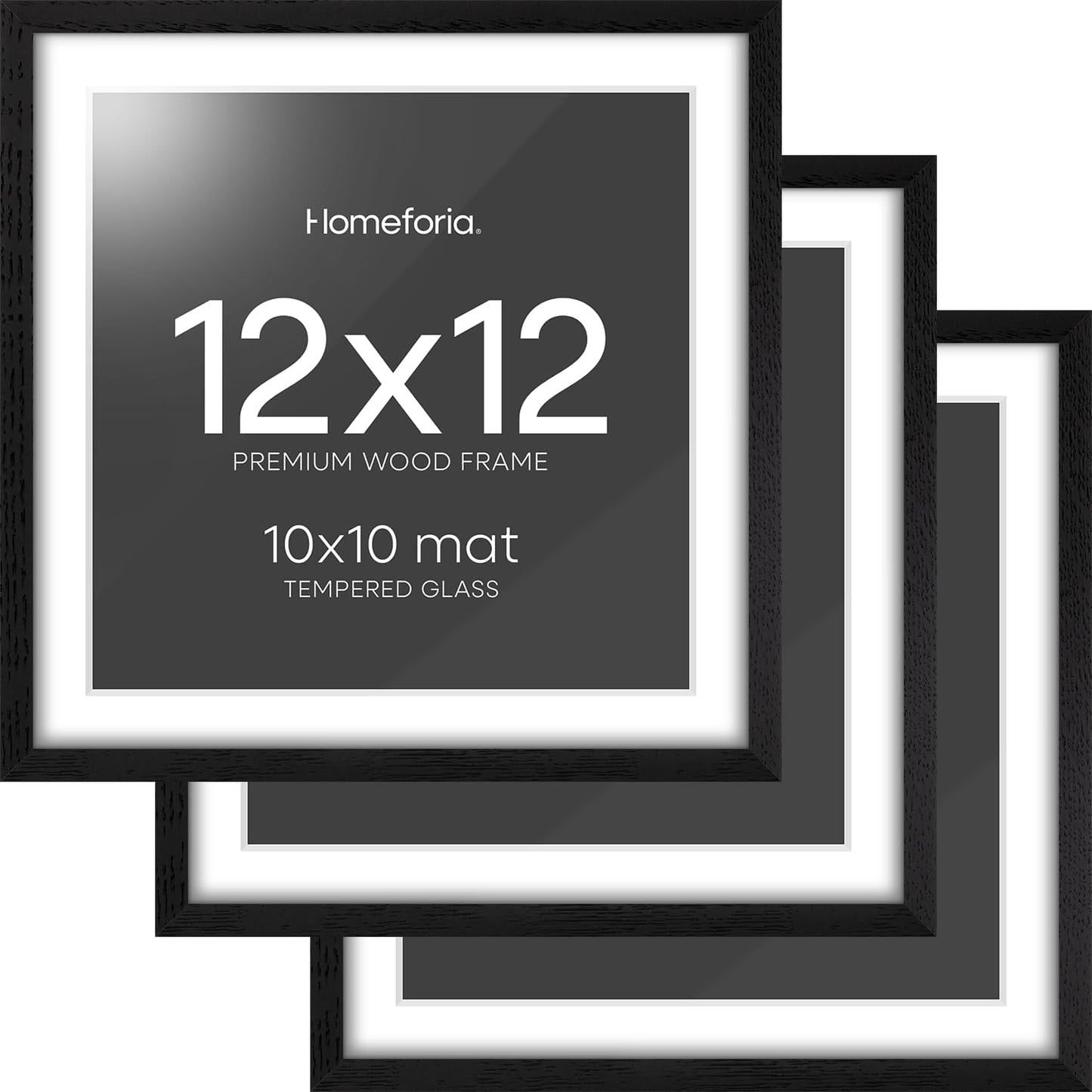 Homeforia 12x12 Black Wood Frame Matted to 10x10 Print, High End Oak 12 x 12 Square Picture Frame with Mat 10 x 10 for Photo, 12by12 Black Wooden Thin Poster Frames, Tempered Glass, Wall Kit, Set of 3