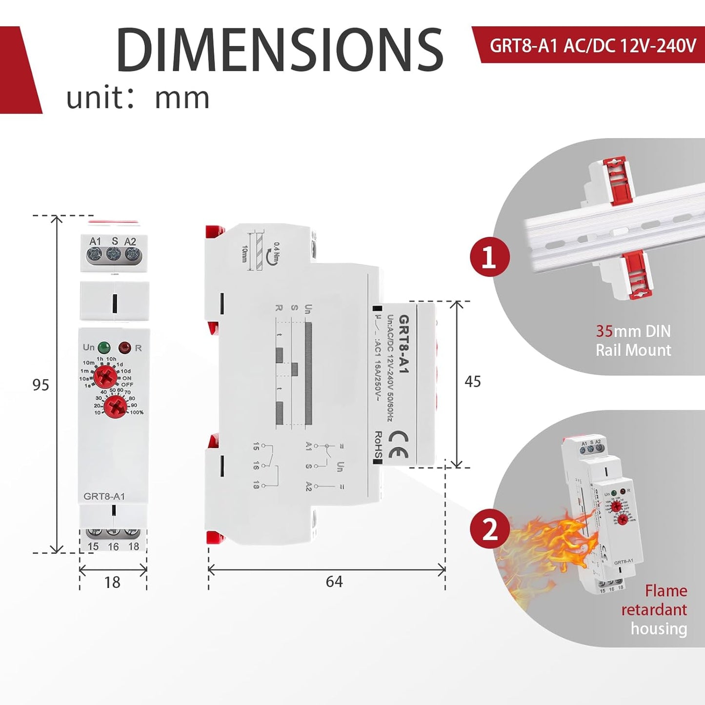 Delay On Time Relay 16A, Delay On Timer Relay GRT8 A1 Voltage Range AC DC 12V to 240V DIN Rail Electronic Relays of Wide Time Delay Range for 0.1 Seconds to 10 Days