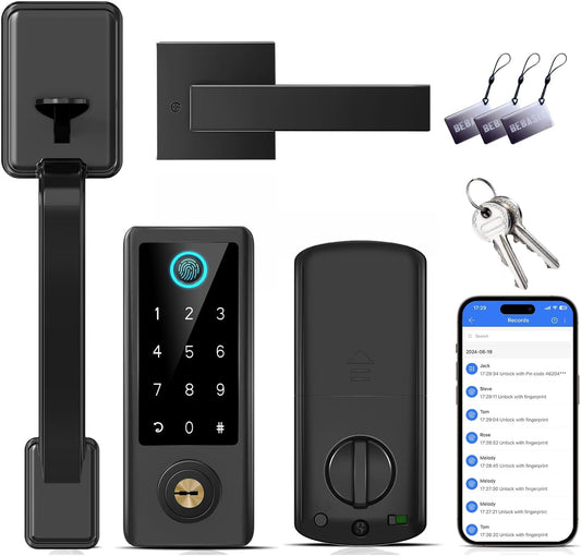 BEBASIA Fingerprint Door Lock for Front Door with Handle Set, App Control, Smart Keyless Entry Digital Electronic Keypad Touchscreen Deadbolt, Easy Install, Auto Lock, Black