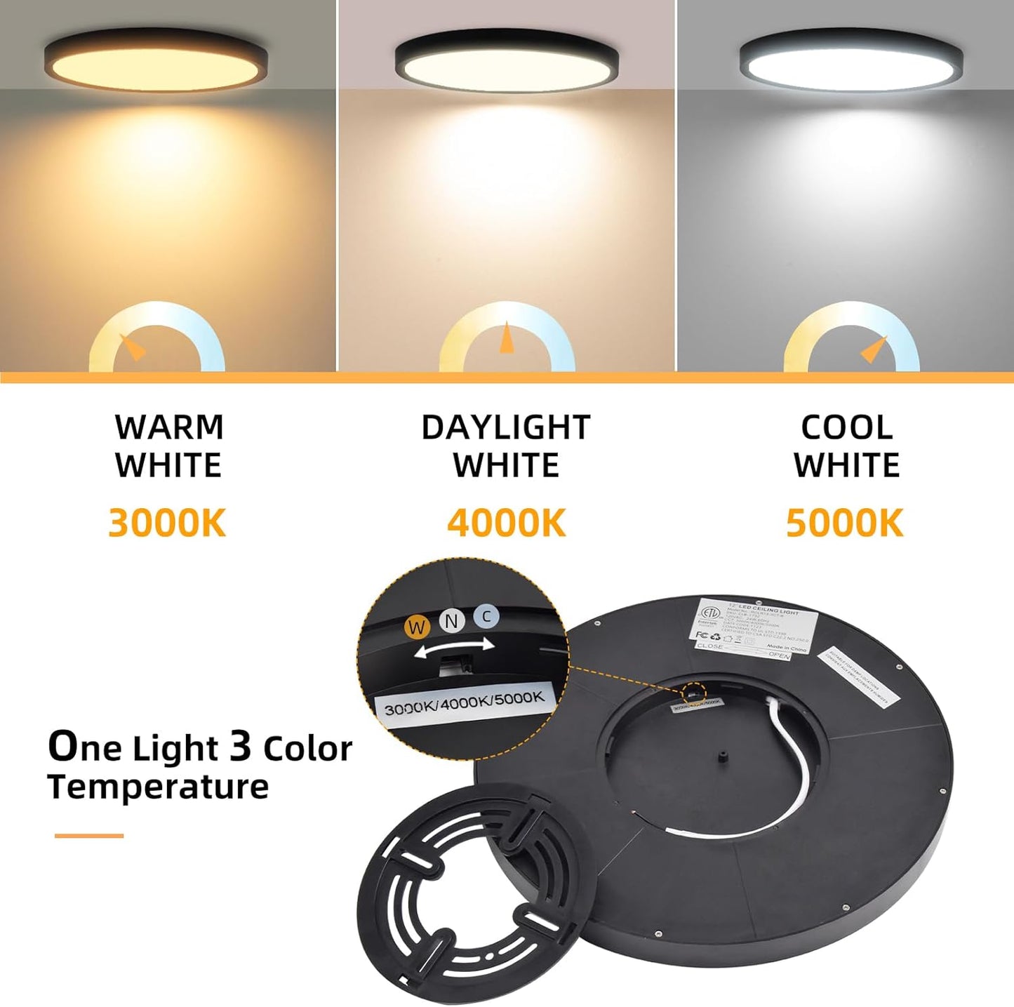 Hlite 2pack 12 inch Flush Mount LED Ceiling Light Fixture,24W 2400LM Super Slim Light Fixtures Ceiling Mount 3000K/4000K/5000K 3CCT Selectable,Light Fixtures for Kitchen,Bedroom (Black)