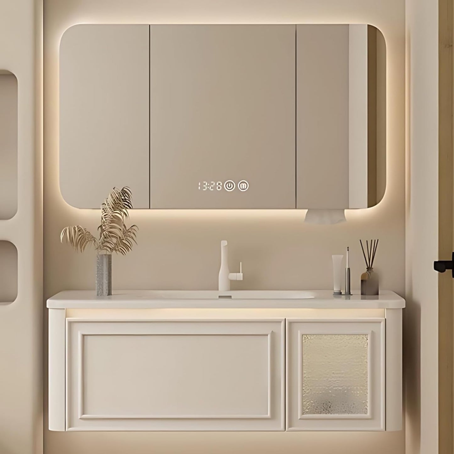 52IN Wall Mounted Bathroom Vanity Set - Wood Bathroom Vanities has Tissue Hole Design | Includes Smart Defogging Mirror Cabinet & Time Display, Rounded Corners, Glass Cabinet Doors (Style A)