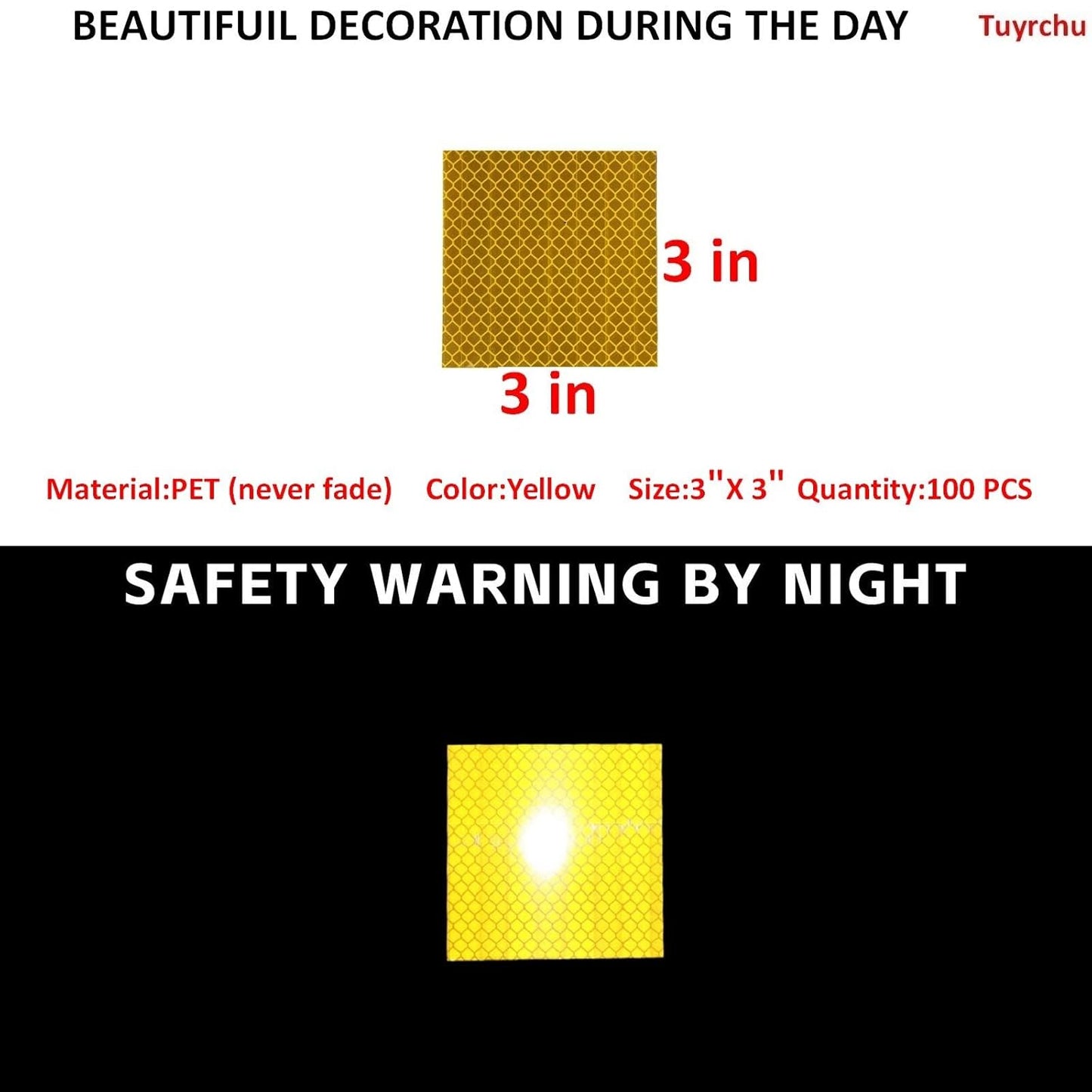 Non Fading Yellow Reflective Stickers 3 inch X 3 inch, Outdoor Waterproof High Visibility Warning Safety Adhesive Reflector Tape (100 Pcs)