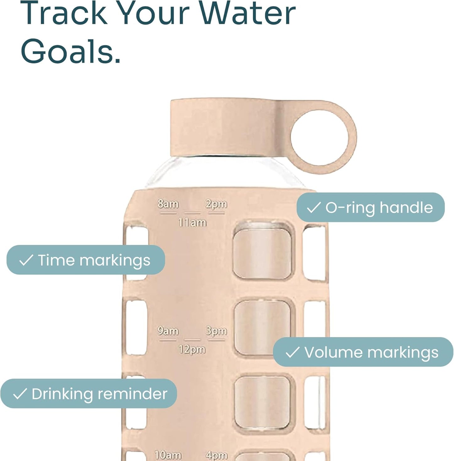 purifyou 40oz / 32oz / 22oz / 12oz Borosilicate Glass Water Bottle with Time & Volume Markers, Silicone Sleeve, Stainless Steel Lid | Reusable Glass Bottle for Water & Juice (22oz Hazelnut)
