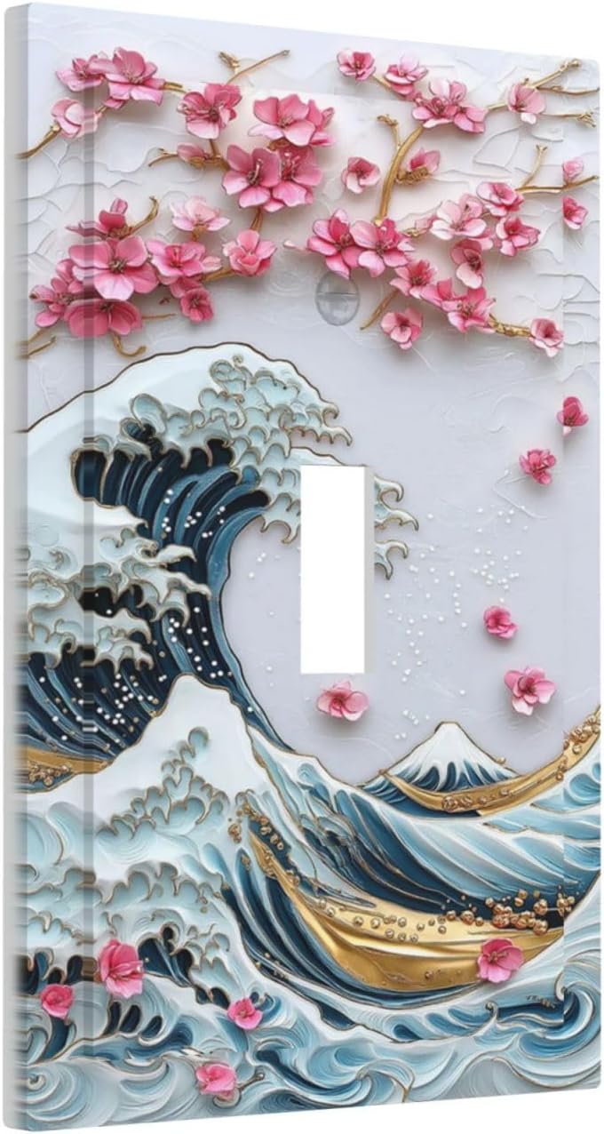 Decorative Light Switch Cover The Great Wave Off Kanagawa With Sakura 1 Gang Single Toggle Device Electrical Faceplate Switchplates Decorator Outlet Wall Plate for Bedroom Bathroom Decor