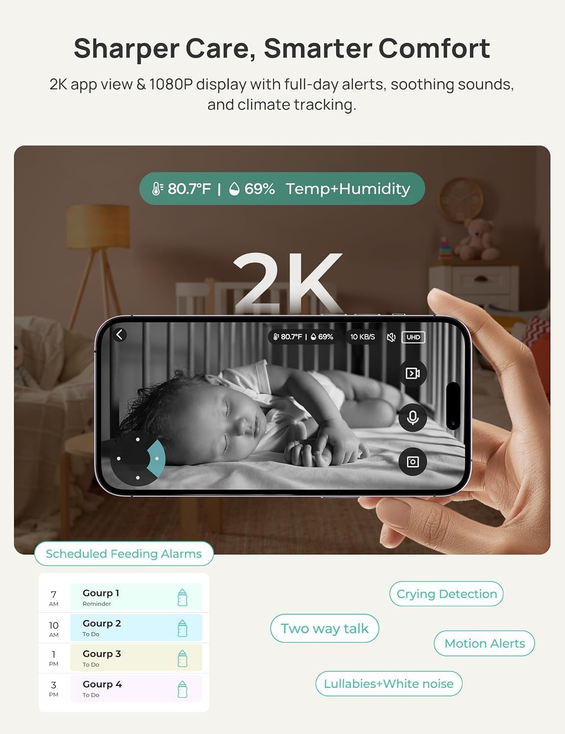 Dr.Care VistaView 5” Smart WiFi Baby Monitor with 2 Camaras - 2K Camera App Control & 1080P Split Screen, Cry & Motion Detection, Pan-Tilt-Zoom, HD Night Vision, Video Recording, Triple Security