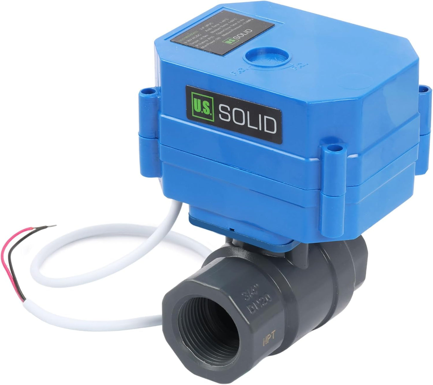 U.S. Solid 3/4" UPVC Motorized Ball Valve - Plastic Electrical Ball Valve with Standard Port, 2 Wire Auto Return, 9-24V AC/DC, Normally Closed