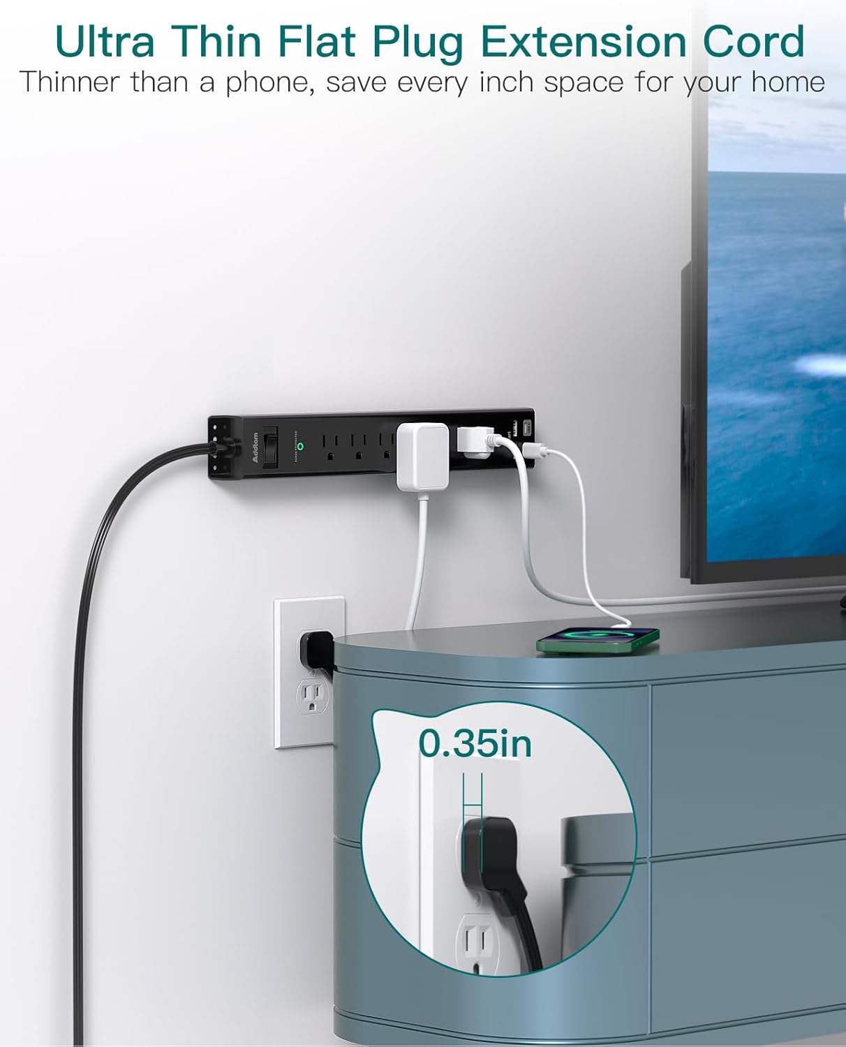 Surge Protector Power Strip - Addtam 10Ft Extension Cord with 6 AC Outlets and 4 USB Ports(2USB C), Wall Mount, Long Cord Power Strip for Home Office College Dorm Room Essentials