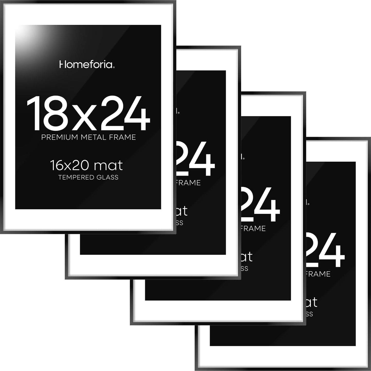 Homeforia 18x24 Poster Frame Black, High End Metal 18 x 24 Picture Frames with Mat 16 by 20 inch Photo, 18x24 Black Frame Matted to 16x20 Print, 24x18 Hanging Frame, Tempered Glass, Wall Kit, Set of 4