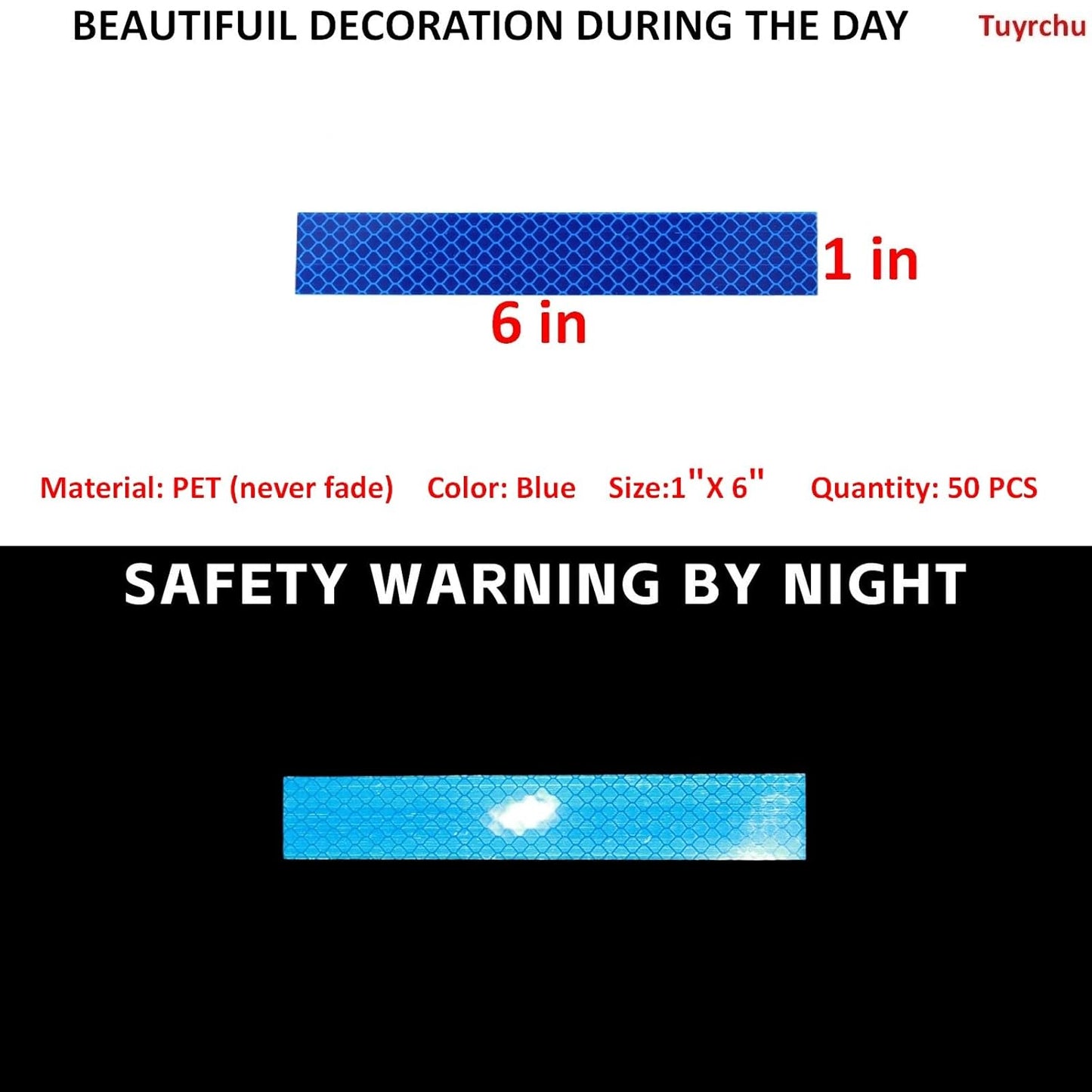 Non Fading Blue Reflective Stickers 1 inch X 6 inch, Outdoor Waterproof High Visibility Warning Safety Adhesive Reflector Tape (50 Pcs)