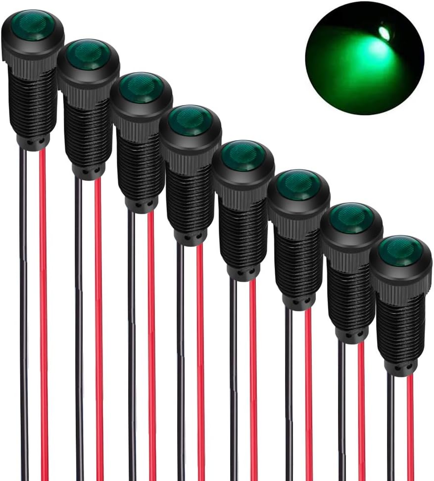 8pcs Green LED Indicator Mounting Hole Size 8mm AC/DC 12-24V Pilot Light(Flame Retardant Plastic Shell)