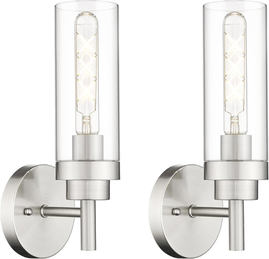 Emak Modern Wall Lights, Brushed Nickel Wall Sconces Set of 2, Bathroom Vanity Light with Clear Glass Shade for Bathroom, Bedroom, Living Room, Hallway, WS085-BN-2PK