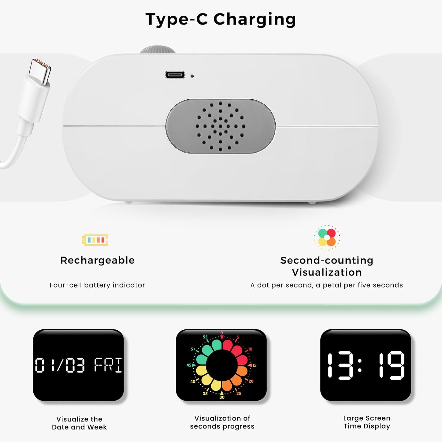 Mooking Digital Visual Timer for Kids, Large LED Digital Alarm Clock for Bedrooms, Rechargeable 199-Minute Silent Countdown Timers, Focus & Smoother Routines, Fitness Baking Studying Teaching
